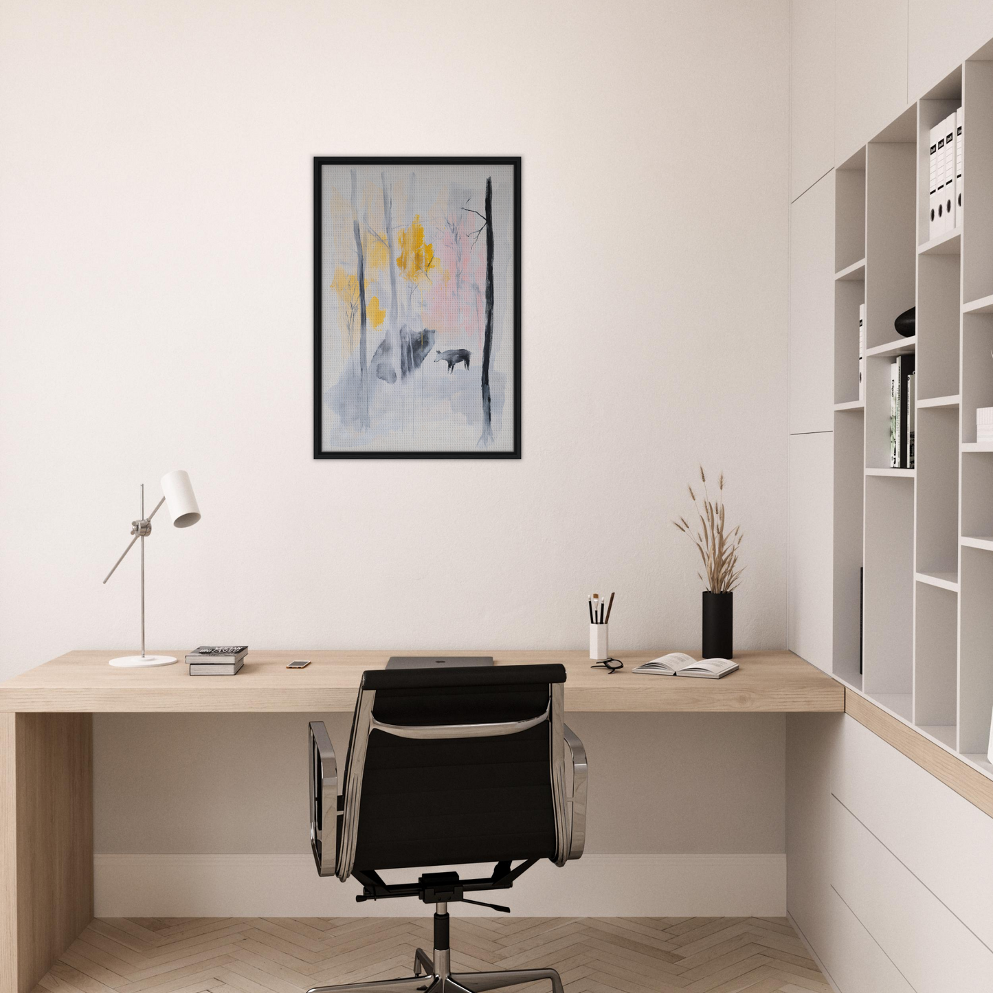 Minimalist wooden desk and black chair in Somber Forest Reverie home office decor
