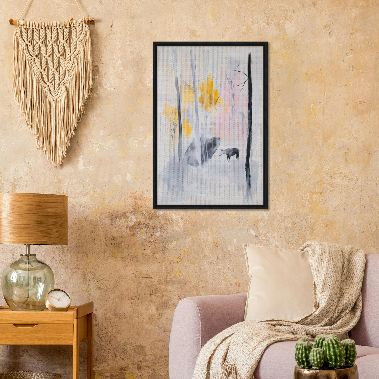 Framed abstract painting Somber Forest Reverie in soft pastels for stylish room decor