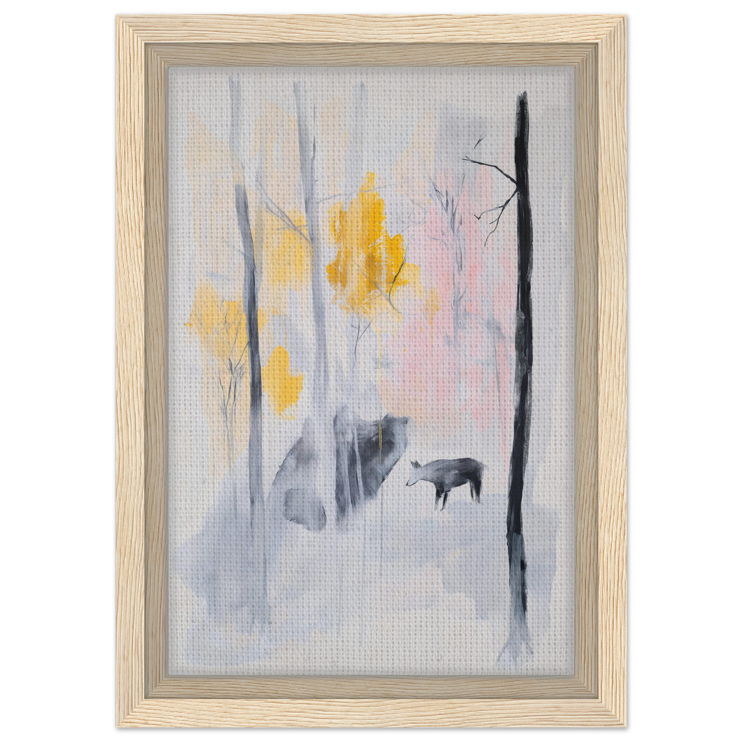 Framed canvas print featuring Somber Forest Reverie with misty trees and animal silhouettes