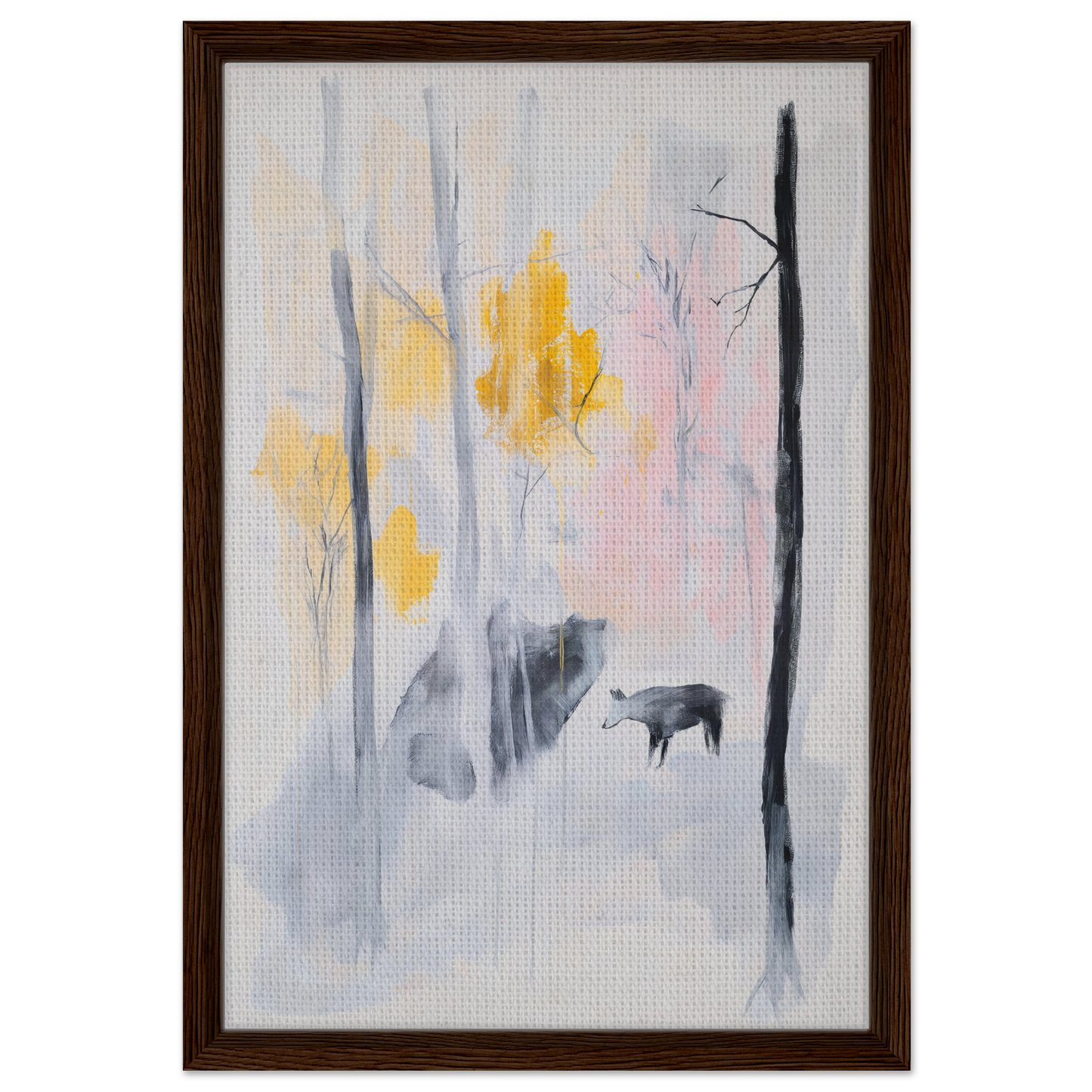 Framed canvas print of Somber Forest Reverie with misty trees and animal silhouette