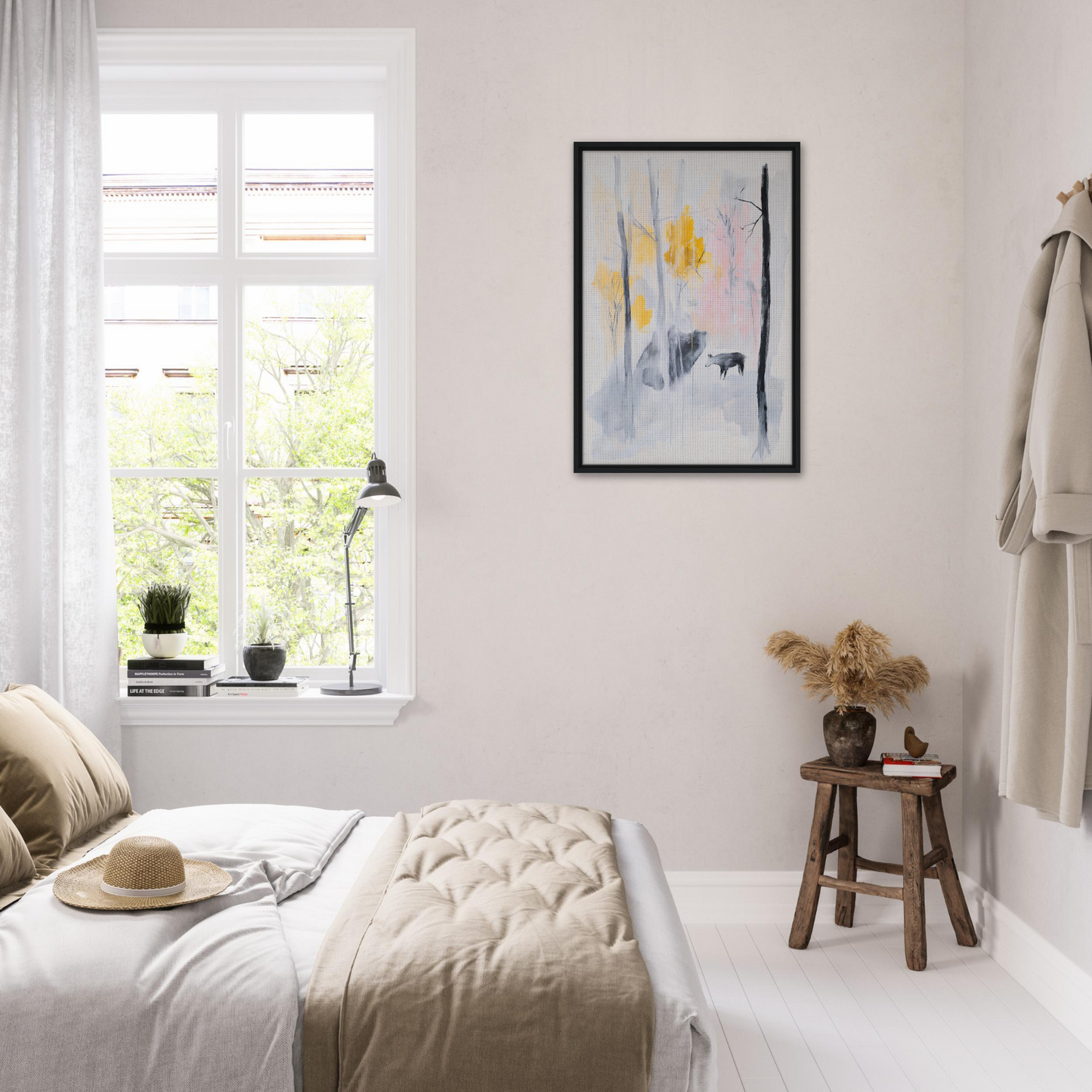 Bright, airy bedroom showcasing Somber Forest Reverie framed canvas print in minimalist decor
