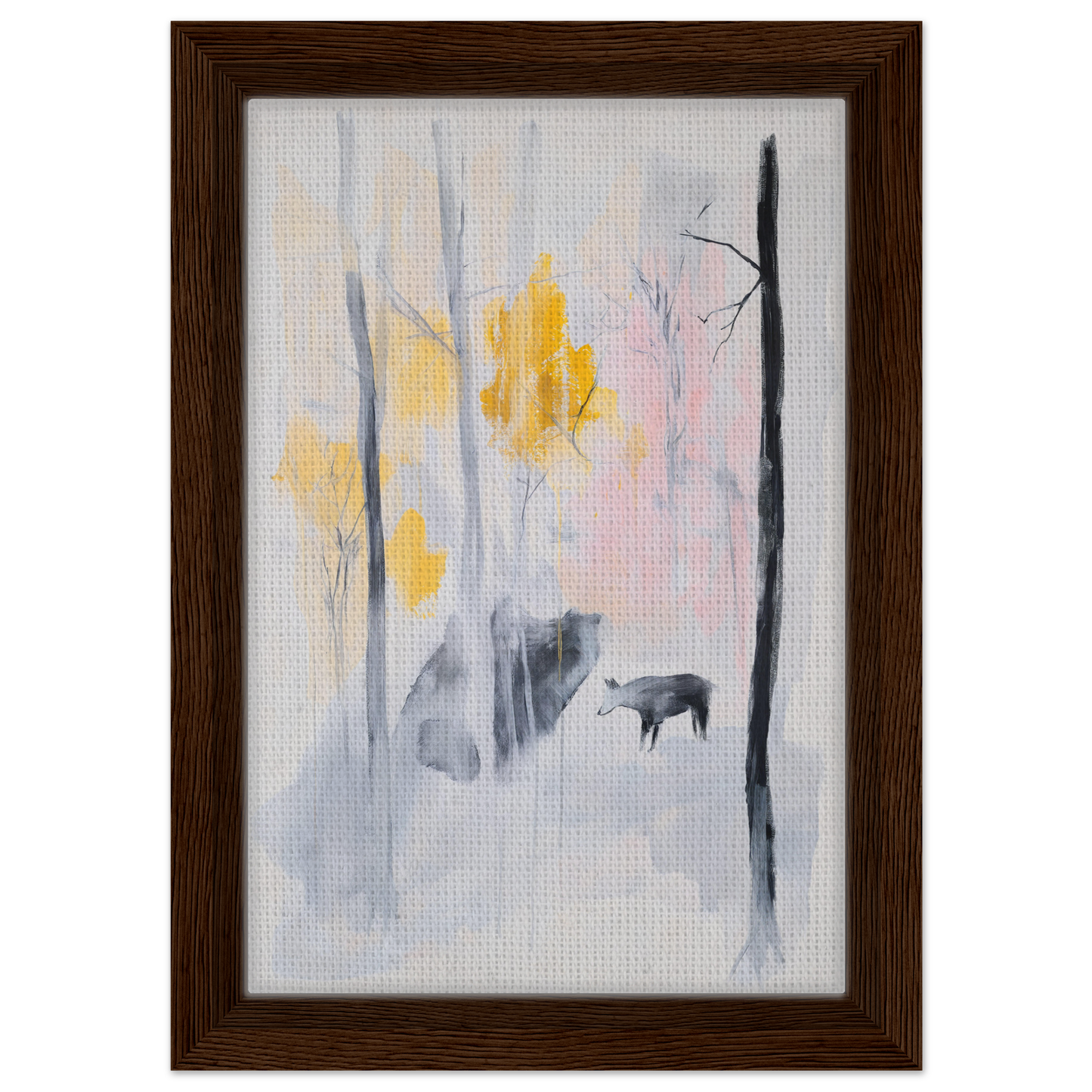 Framed canvas print of Somber Forest Reverie featuring a misty forest and animal silhouette