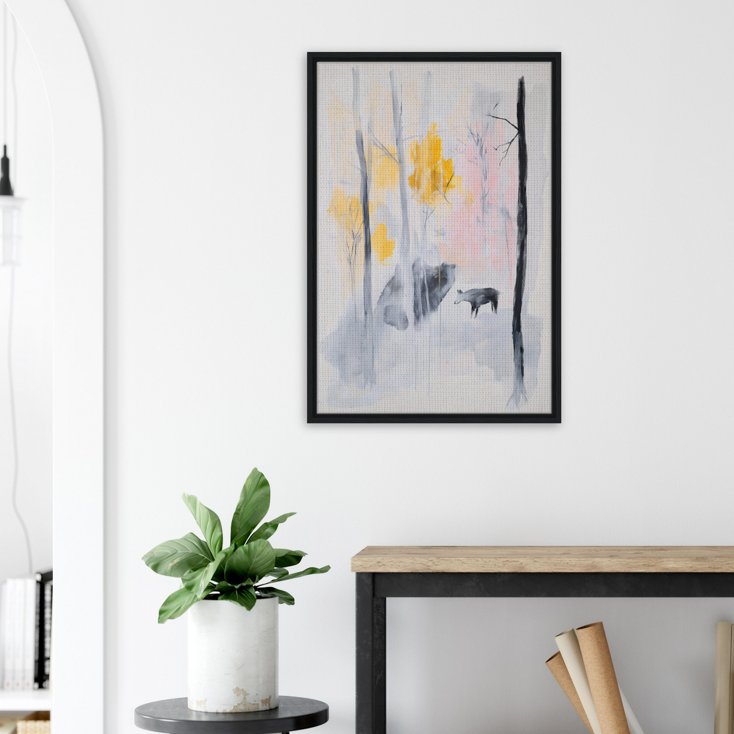 Abstract painting in muted colors and subtle shapes framed, perfect for Somber Forest Reverie room decor