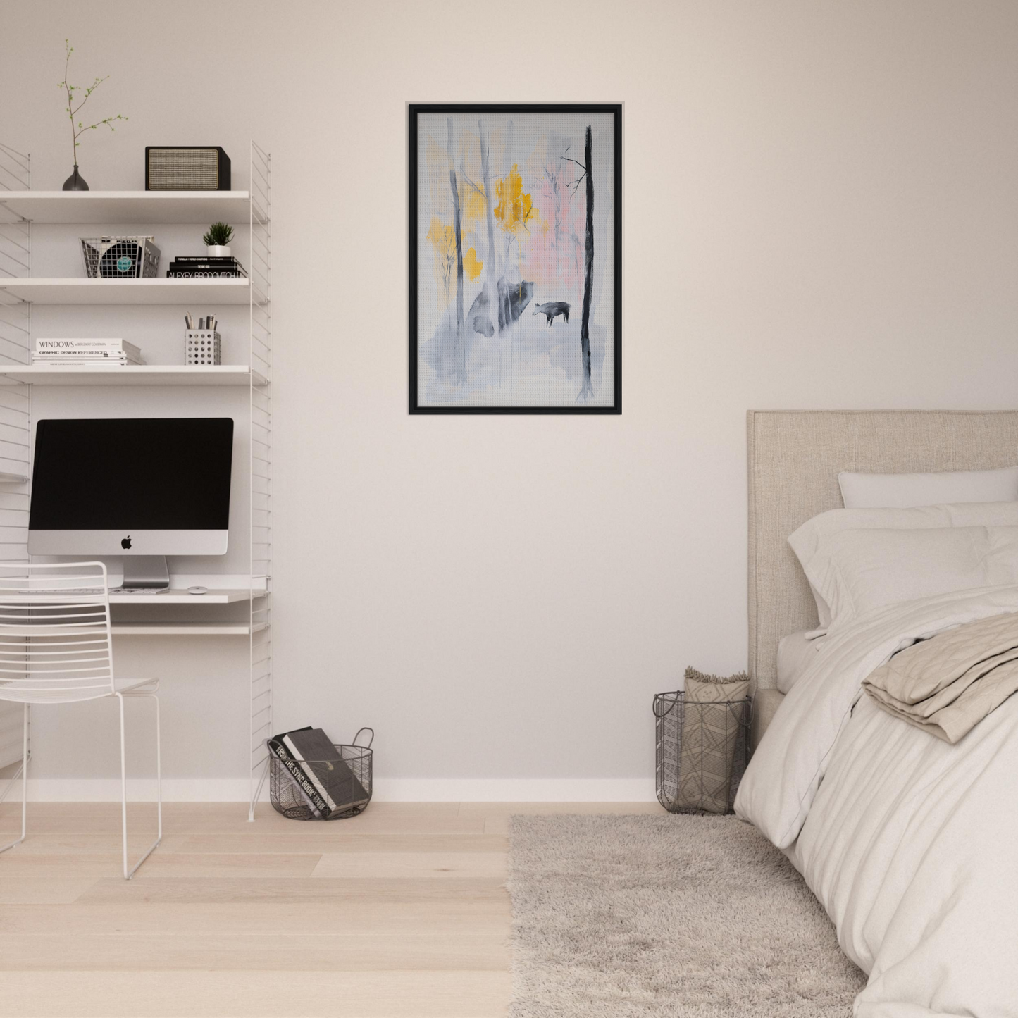 Minimalist bedroom featuring Somber Forest Reverie artwork and elegant room decor