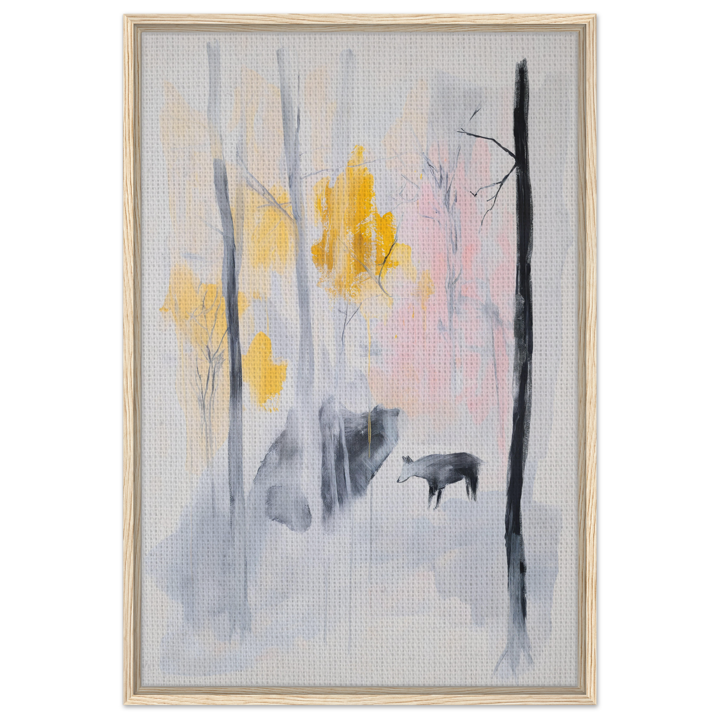 Abstract painting of a misty forest with yellow foliage, part of Somber Forest Reverie collection