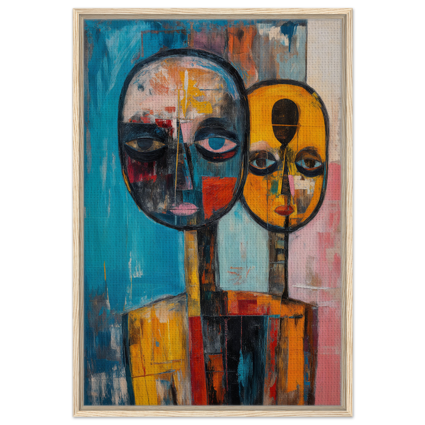 Abstract painting of two stylized faces in vibrant colors for Spectral Soul Convergence