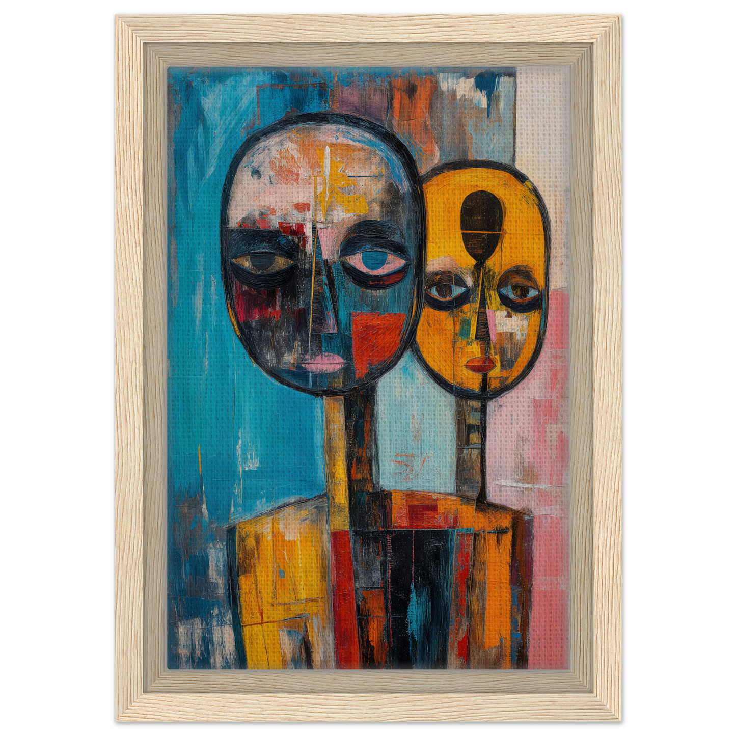 Abstract painting of two stylized faces in vibrant colors for Spectral Soul Convergence