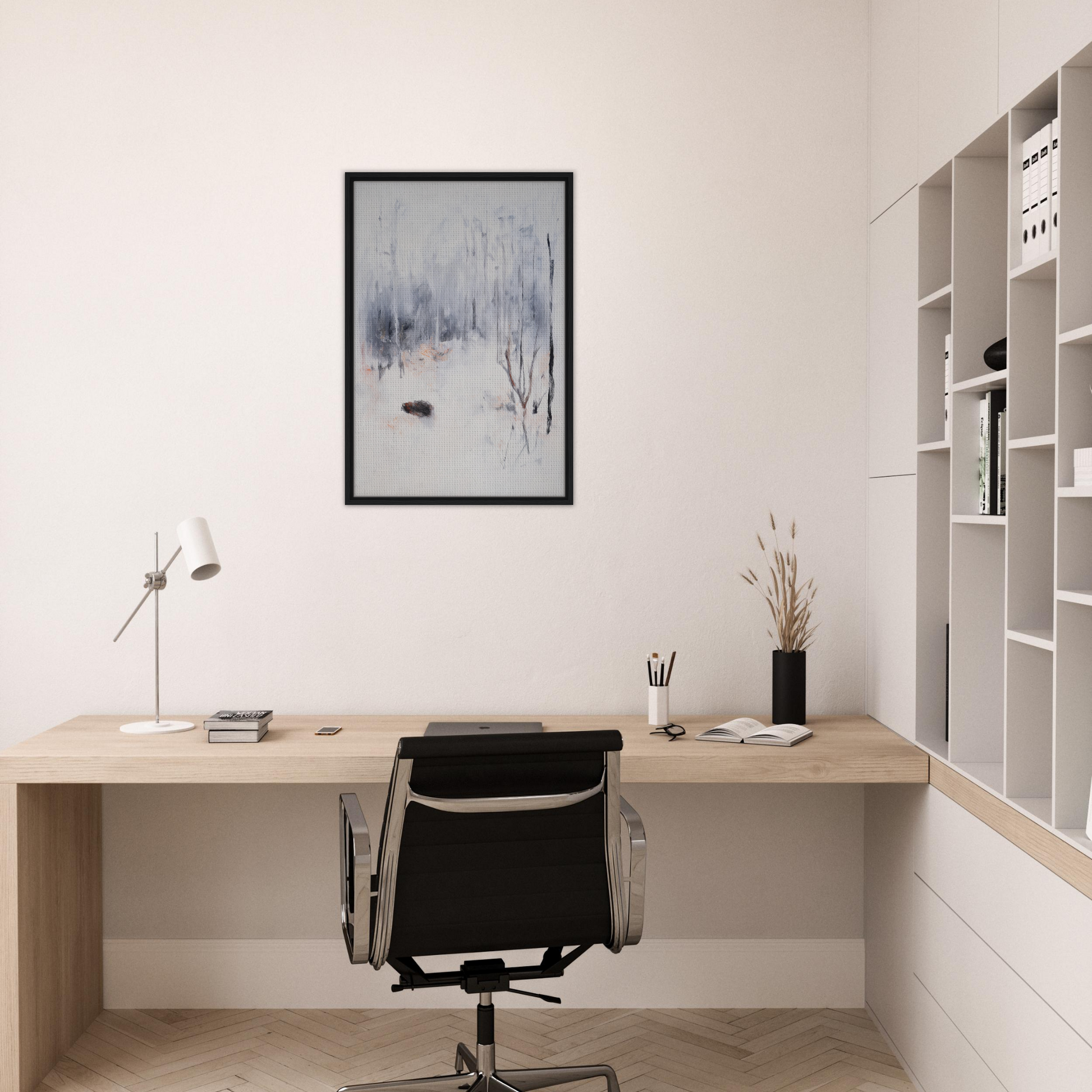 Minimalist wooden desk and black chair in a Spiritual Snow Waltz home office setup