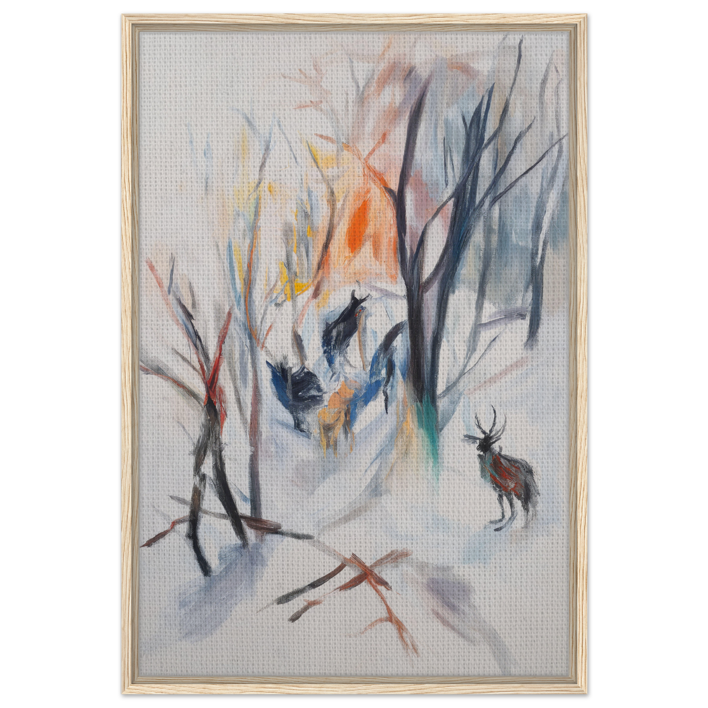 Abstract watercolor painting of a deer in winter forest, ideal for Stag Spiritual Whirl room decor