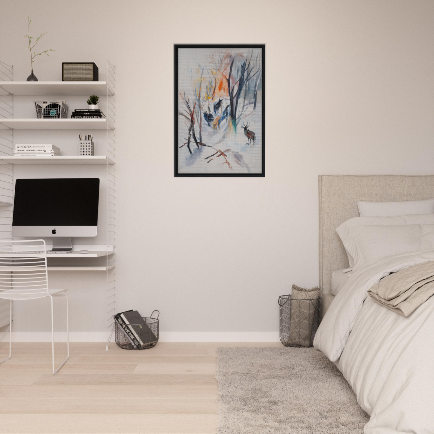 Minimalist bedroom featuring Stag Spiritual Whirl framed canvas art and sleek room decor