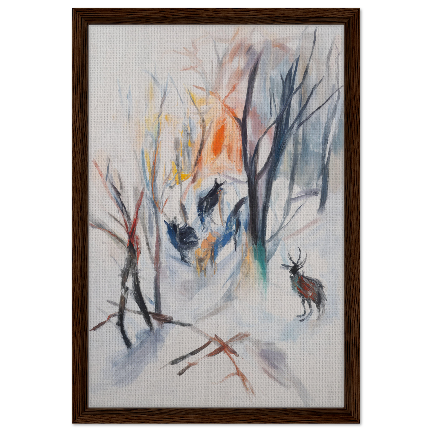 Abstract watercolor of a winter forest with a deer for Stag Spiritual Whirl framed canvas art