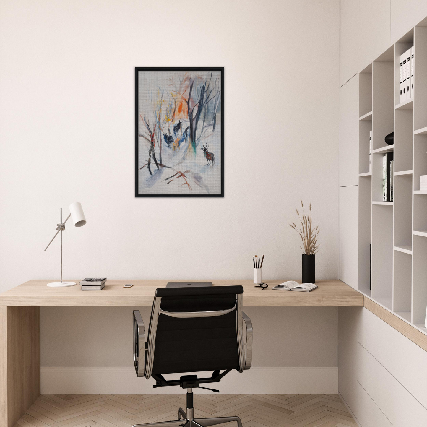 Minimalist home office featuring Stag Spiritual Whirl framed canvas art as room decor