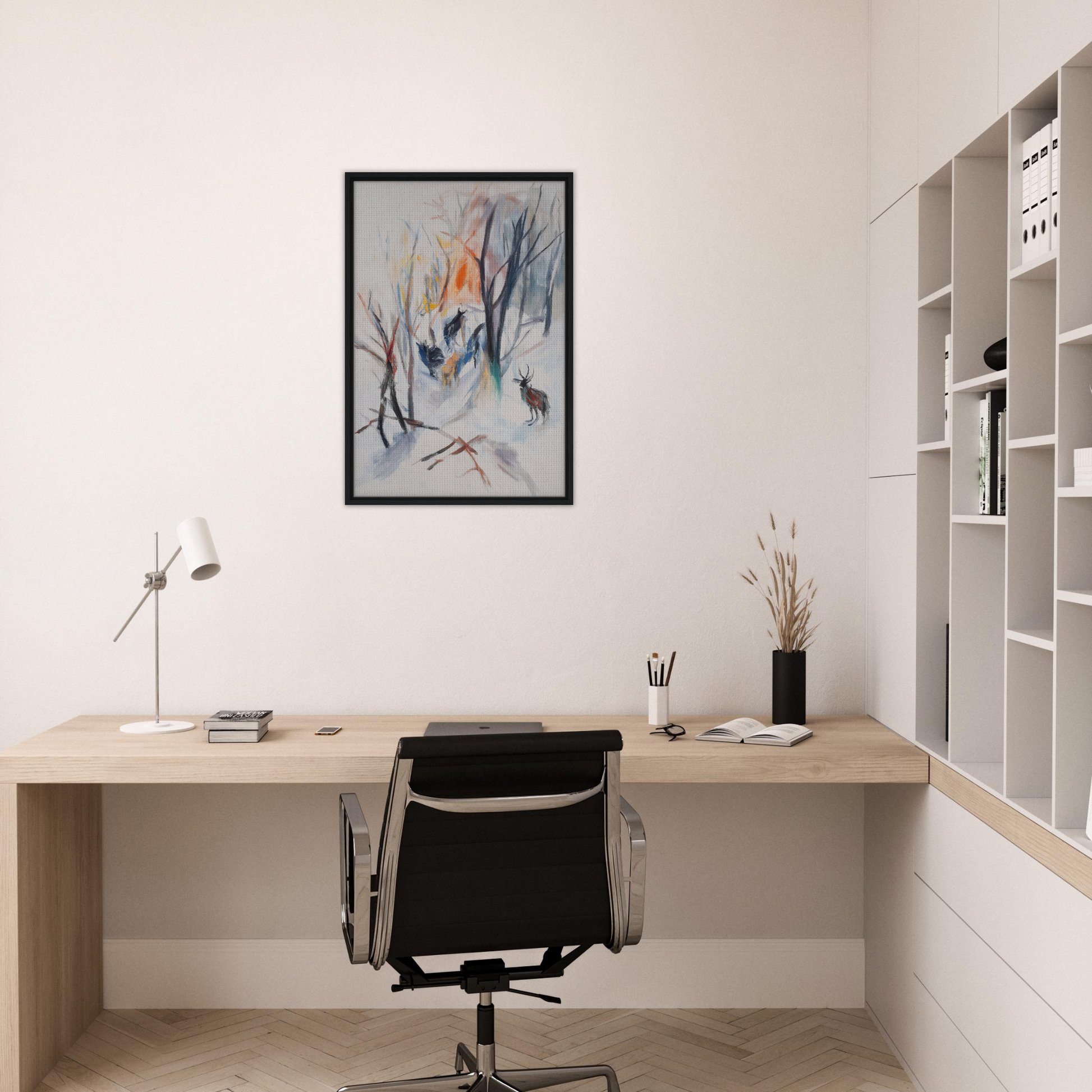 Minimalist home office featuring Stag Spiritual Whirl framed canvas art as room decor