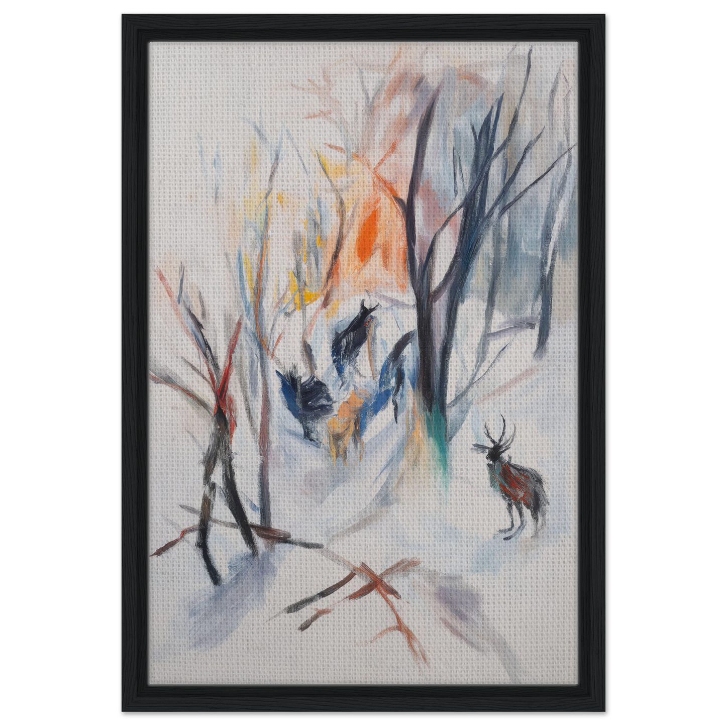 Abstract painting of a stag in a winter forest, featured in Stag Spiritual Whirl framed canvas art