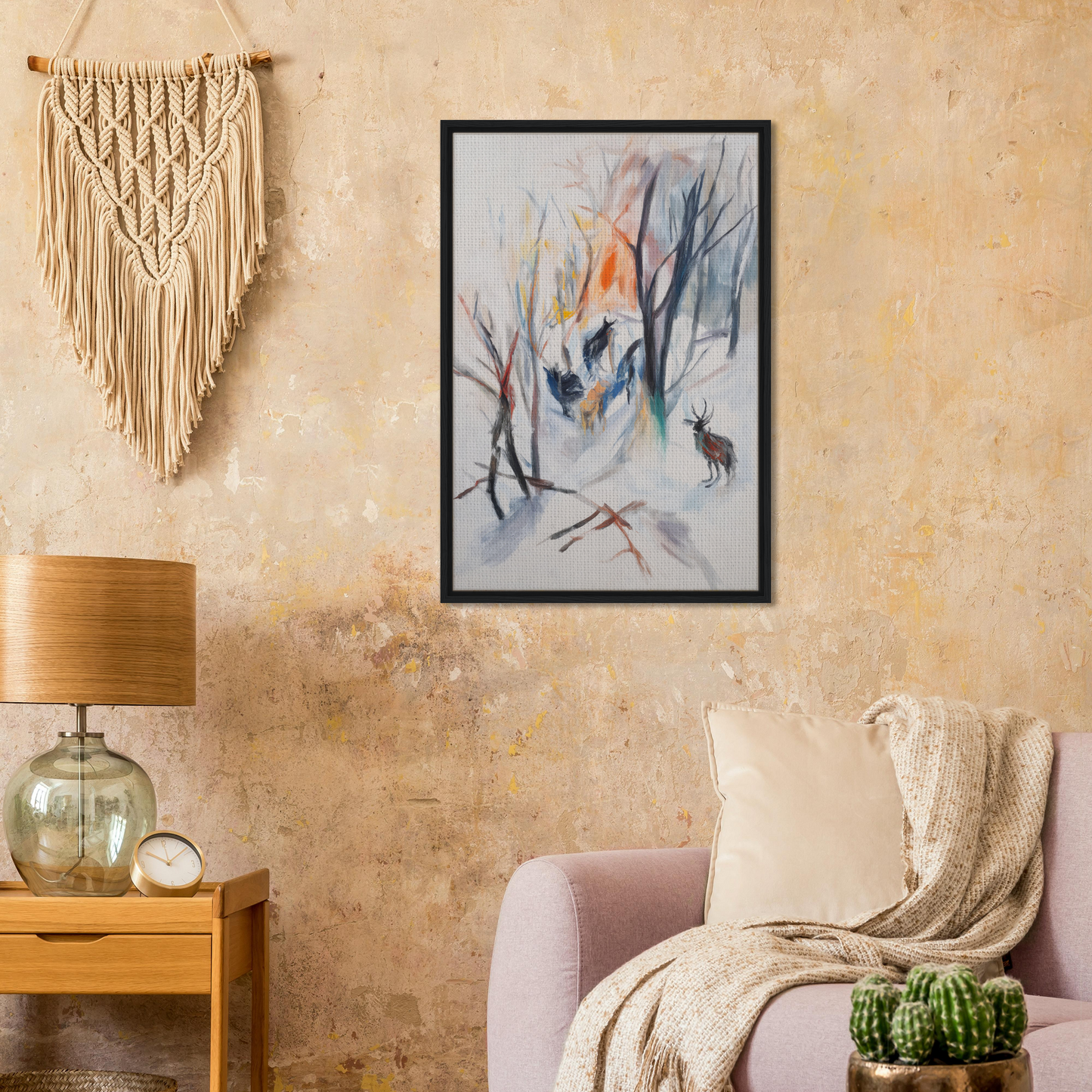 Framed canvas art featuring a winter forest scene with a tent and deer for room decor