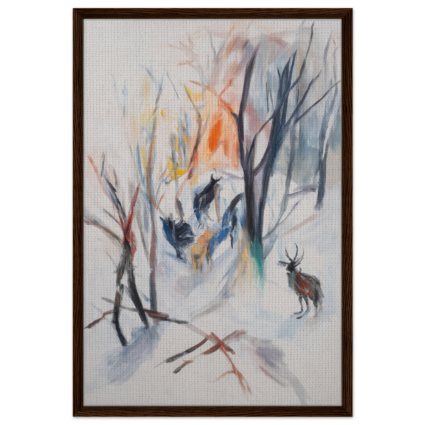 Abstract painting of a winter forest with a deer in Stag Spiritual Whirl framed canvas art