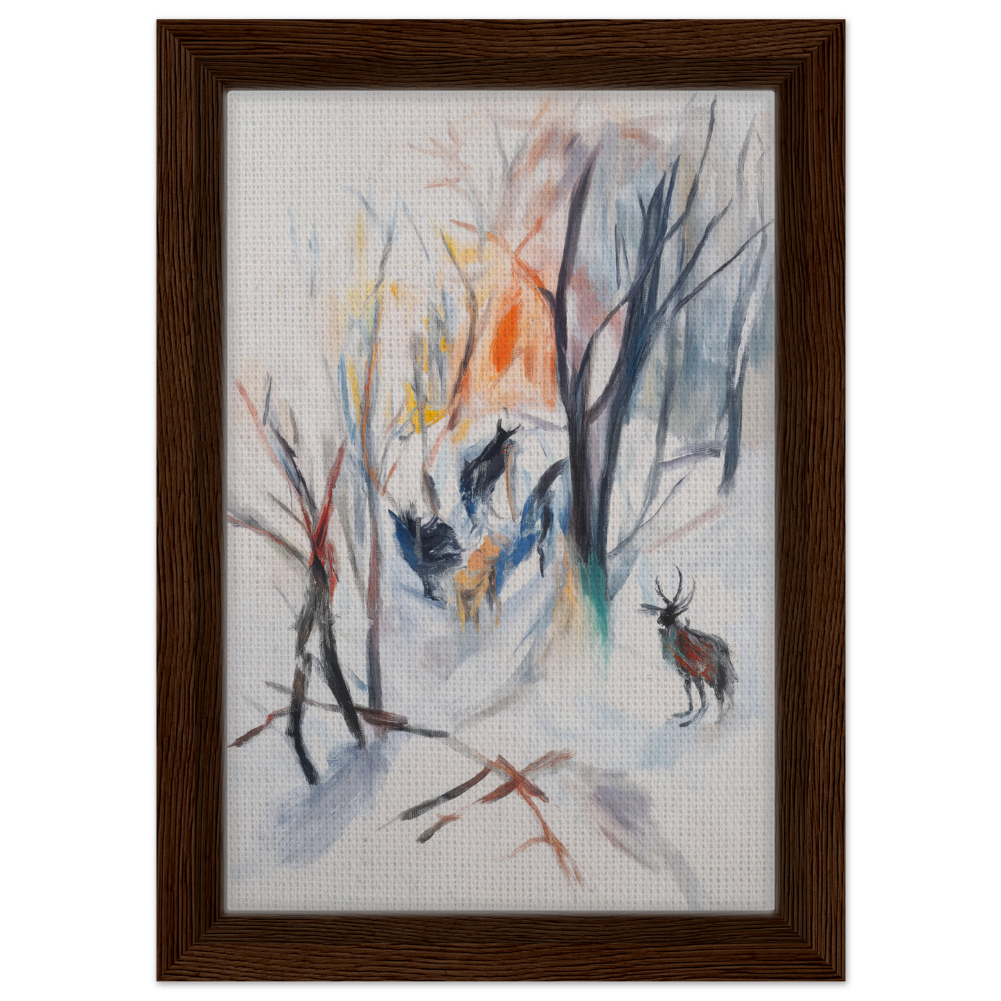 Framed canvas art of a winter forest with a deer in the Stag Spiritual Whirl design