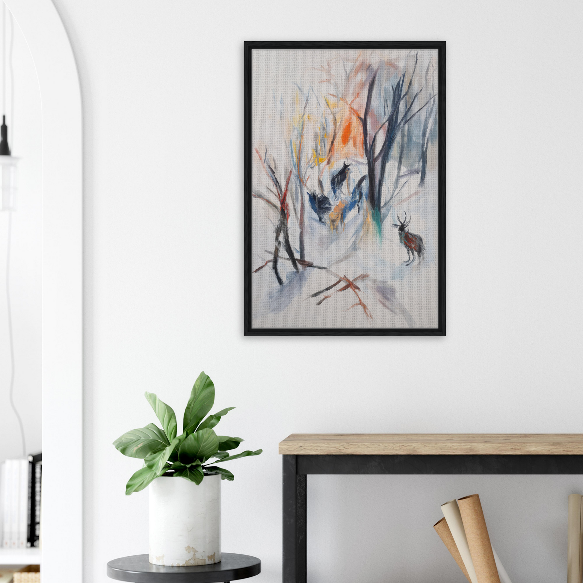 Framed canvas art of a deer in a winter forest, Stag Spiritual Whirl design