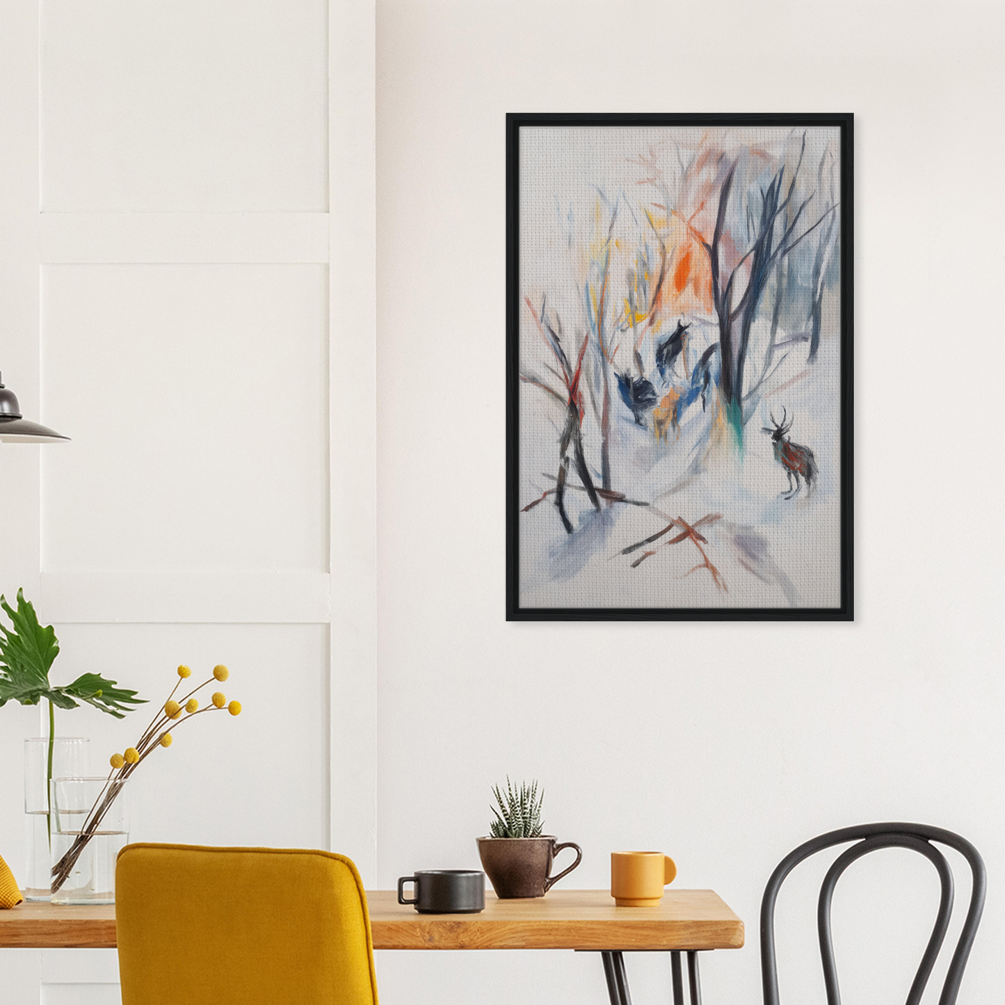 Framed canvas art of a winter forest with a deer in the Stag Spiritual Whirl theme