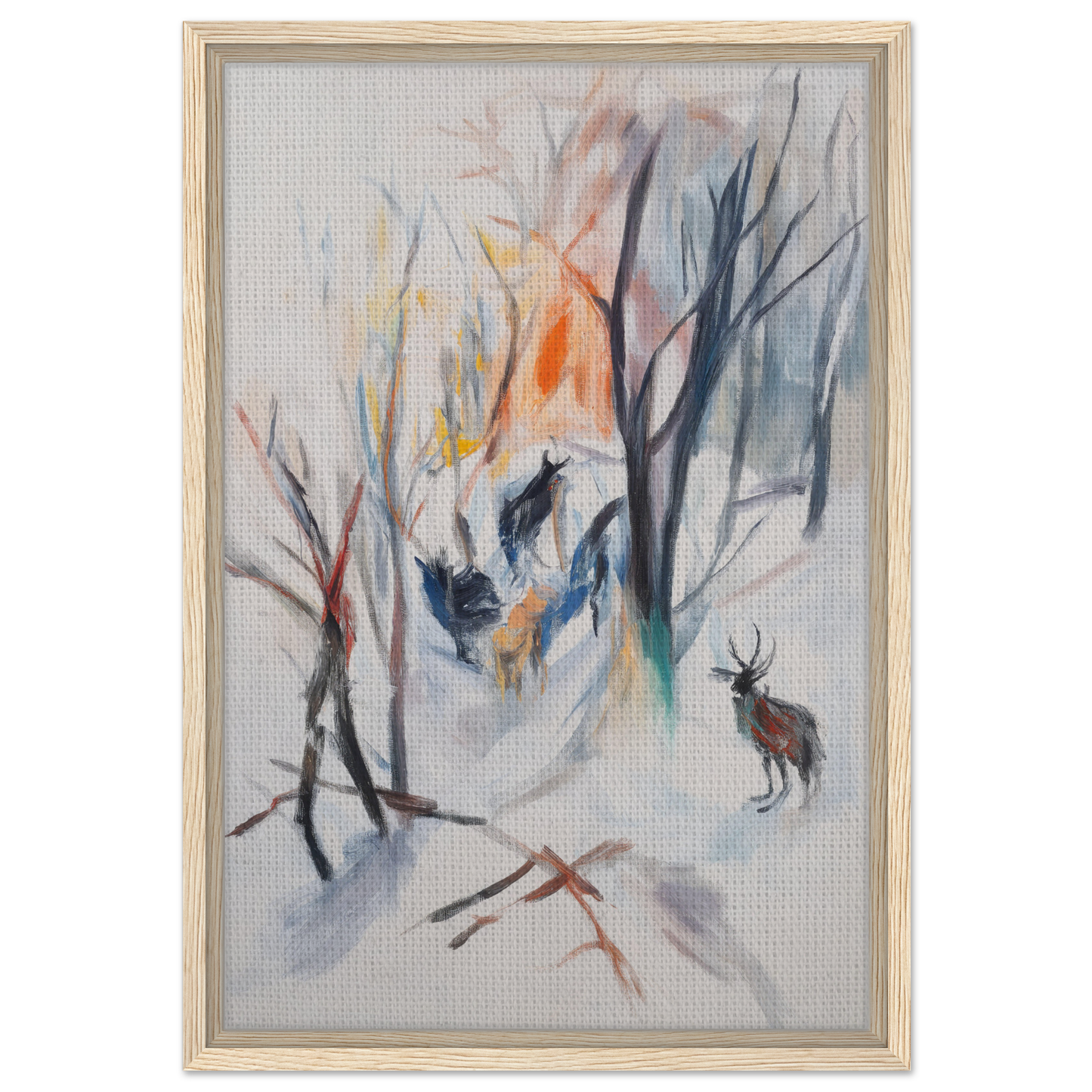 Abstract painting of a winter forest scene featuring a deer, part of Stag Spiritual Whirl