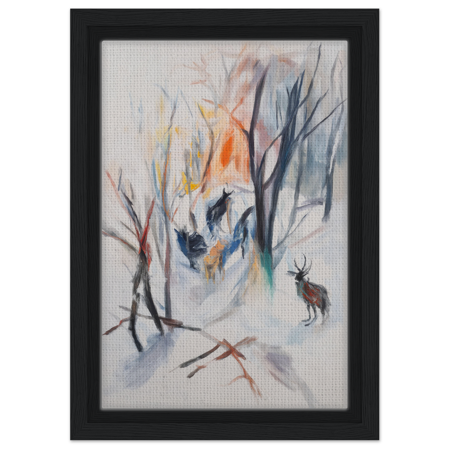 Framed canvas art of a winter forest scene featuring a deer for Stag Spiritual Whirl