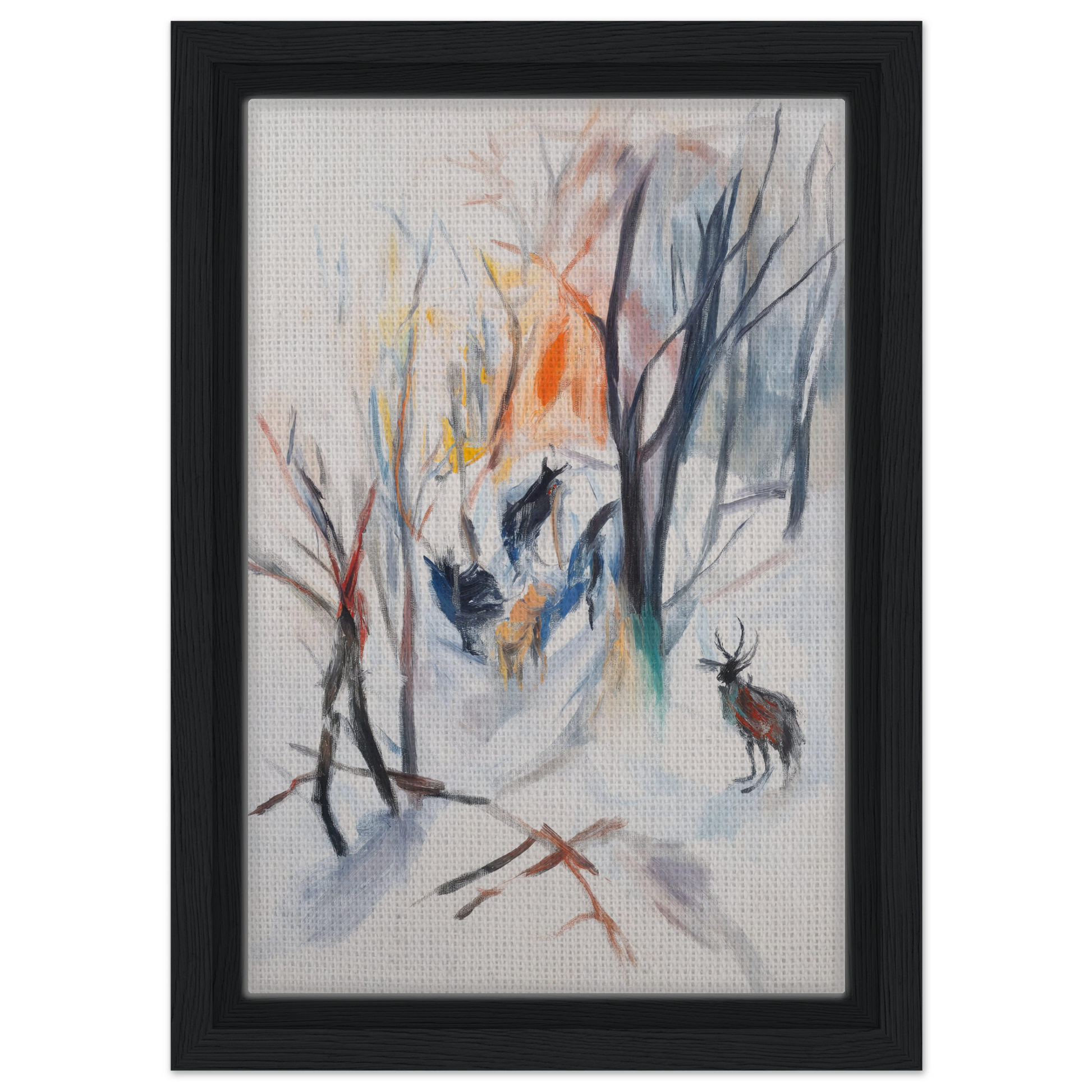 Framed canvas art of a winter forest scene featuring a deer for Stag Spiritual Whirl