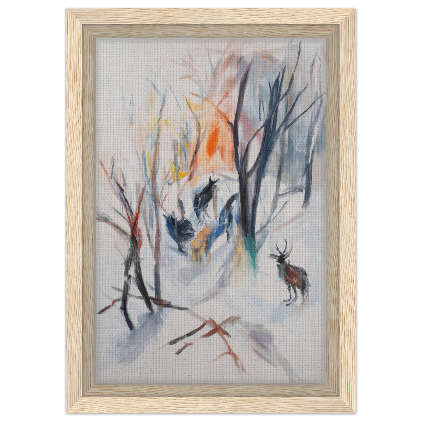 Framed canvas art of a winter forest with a deer, Stag Spiritual Whirl room decor