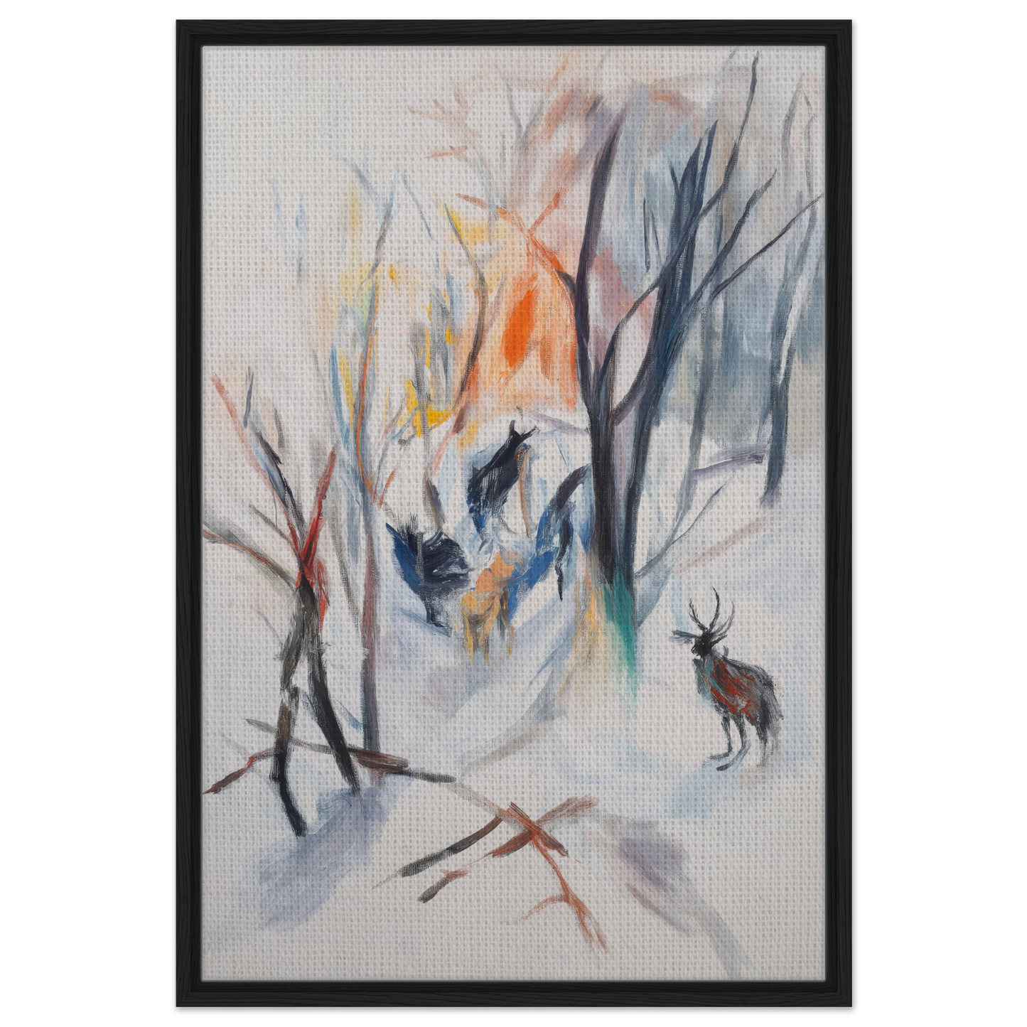 Abstract painting of a winter forest with a lone deer for Stag Spiritual Whirl room decor