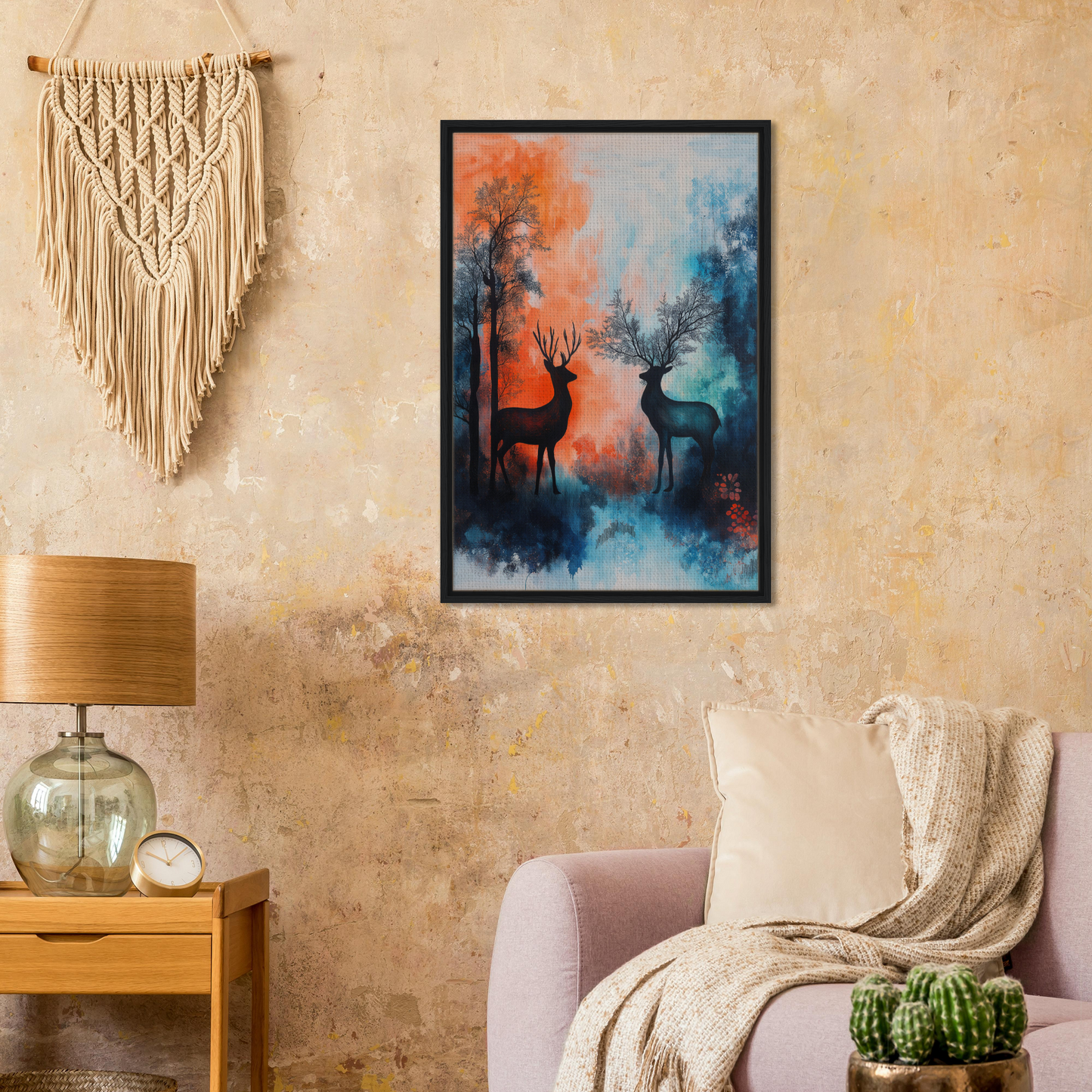 Framed wall art featuring stag symphony silhouettes in a colorful misty forest