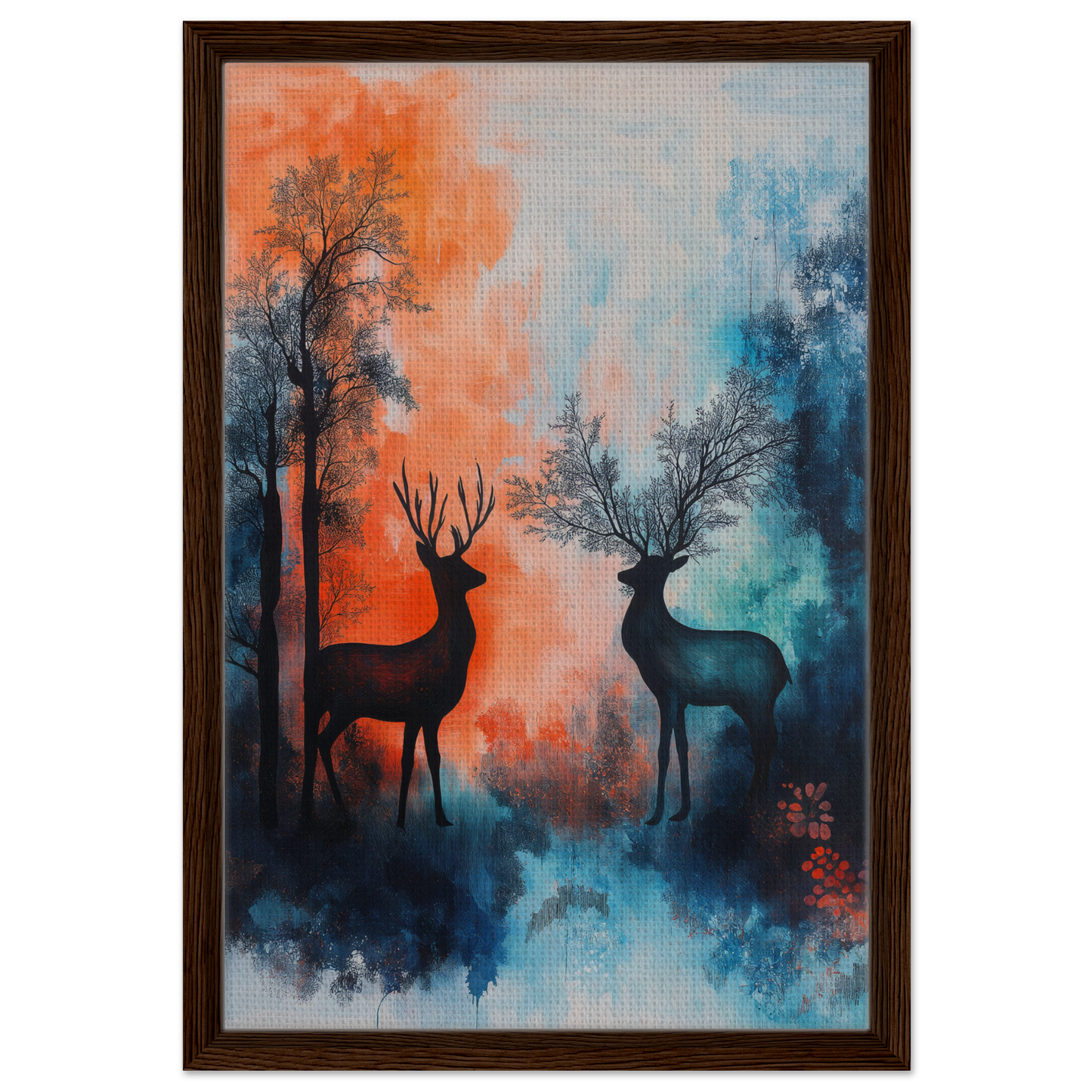 Framed wall art of Stag Symphony with deer silhouettes against a vibrant forest backdrop