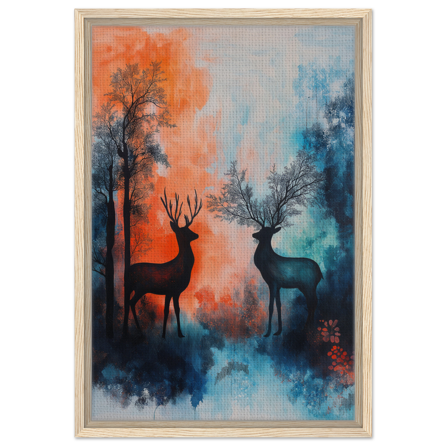 Framed wall art featuring deer silhouettes in a vibrant forest for Stag Symphony Sown