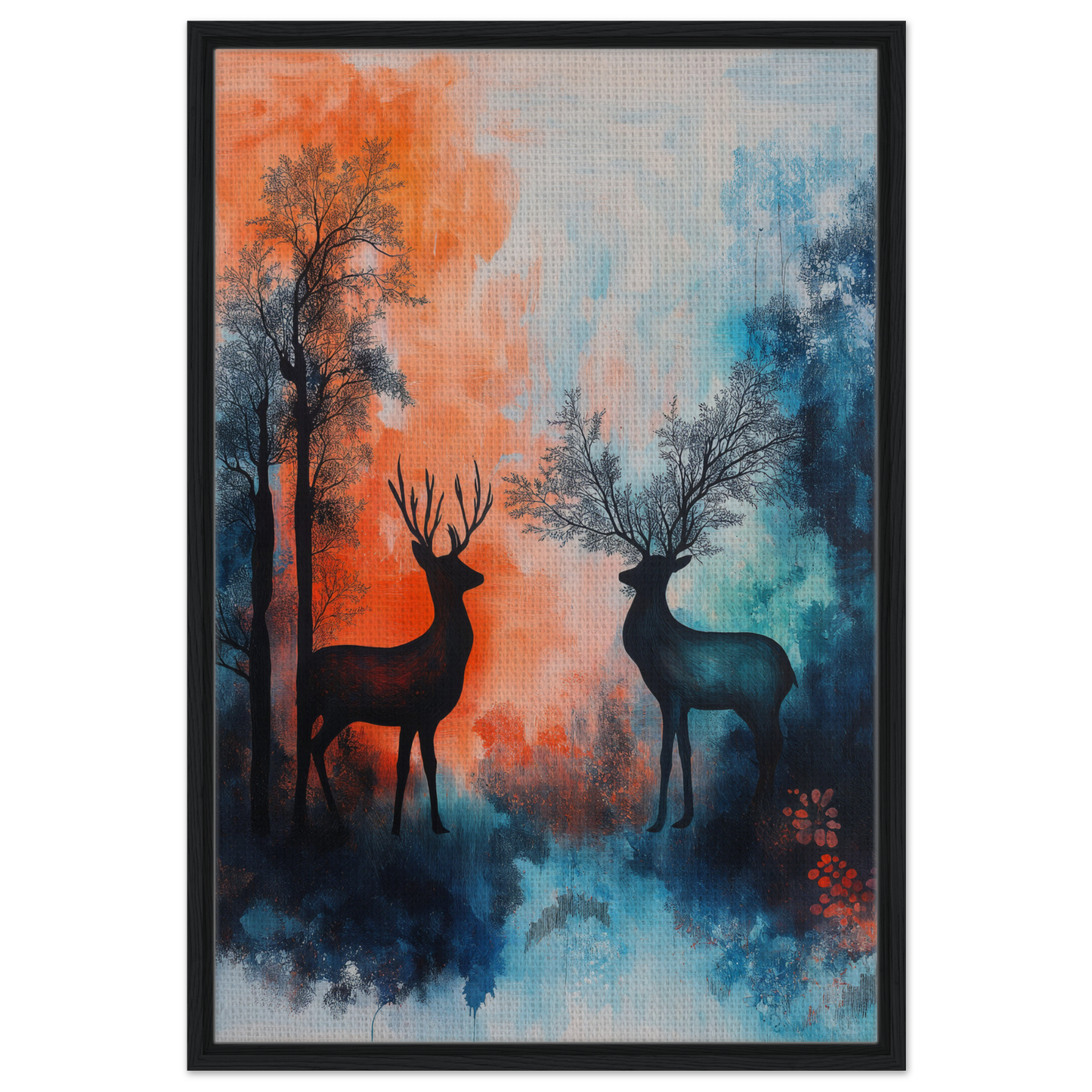 Stag Symphony Sown painting of deer silhouettes with colorful forest abstract background