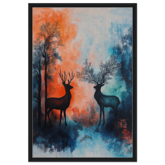 Stag Symphony Sown painting of deer silhouettes with colorful forest abstract background