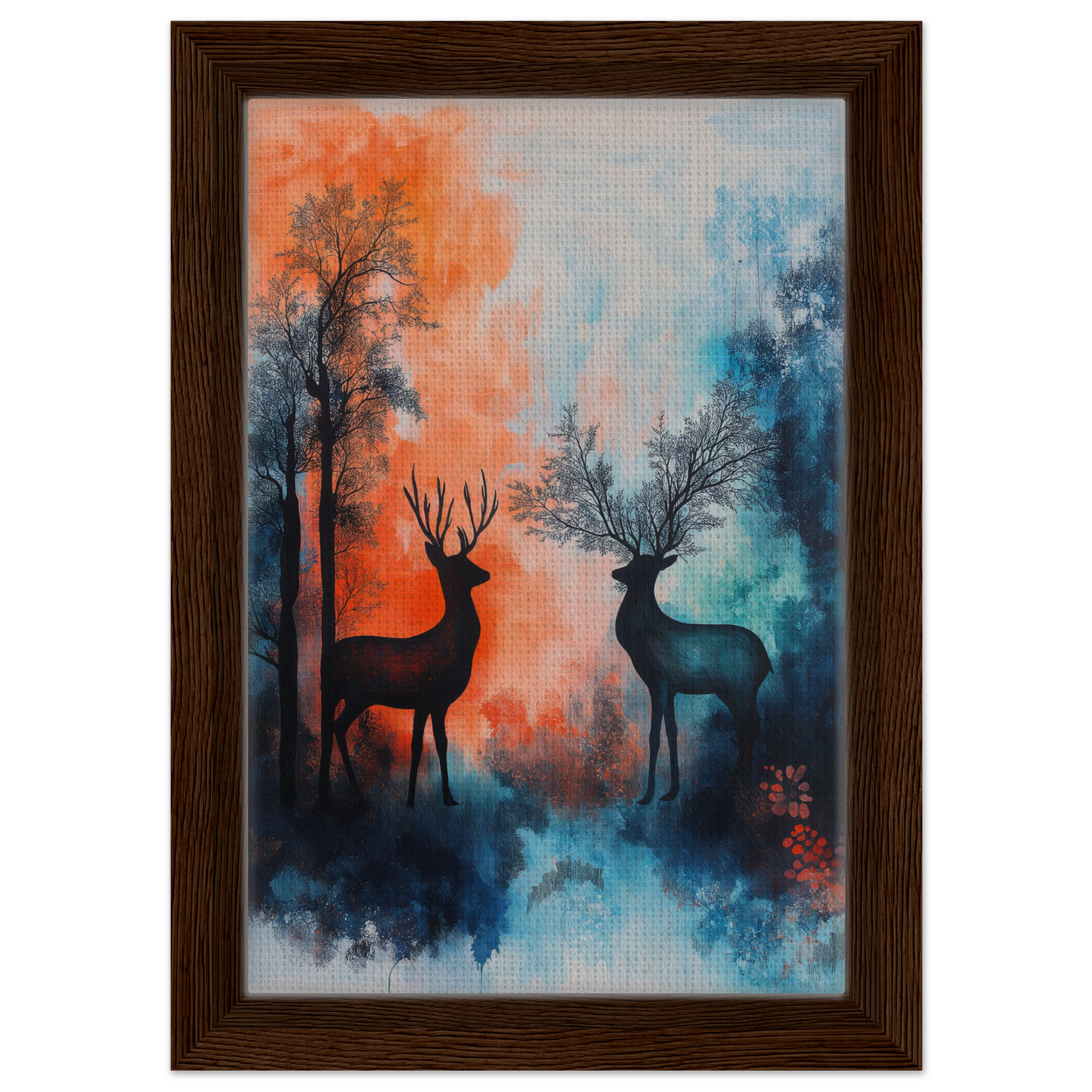 Framed wall art featuring Stag Symphony with deer silhouettes in colorful forest backdrop