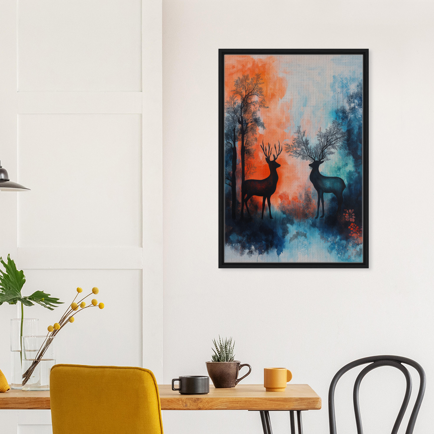 Framed wall art of stag symphony silhouettes in a colorful misty forest
