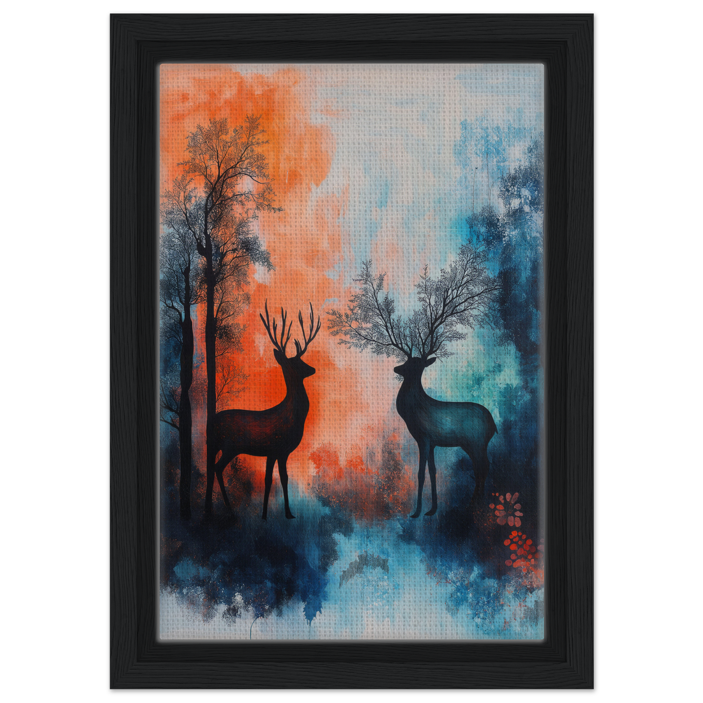 Framed wall art featuring stag symphony with deer silhouettes in vibrant forest scene
