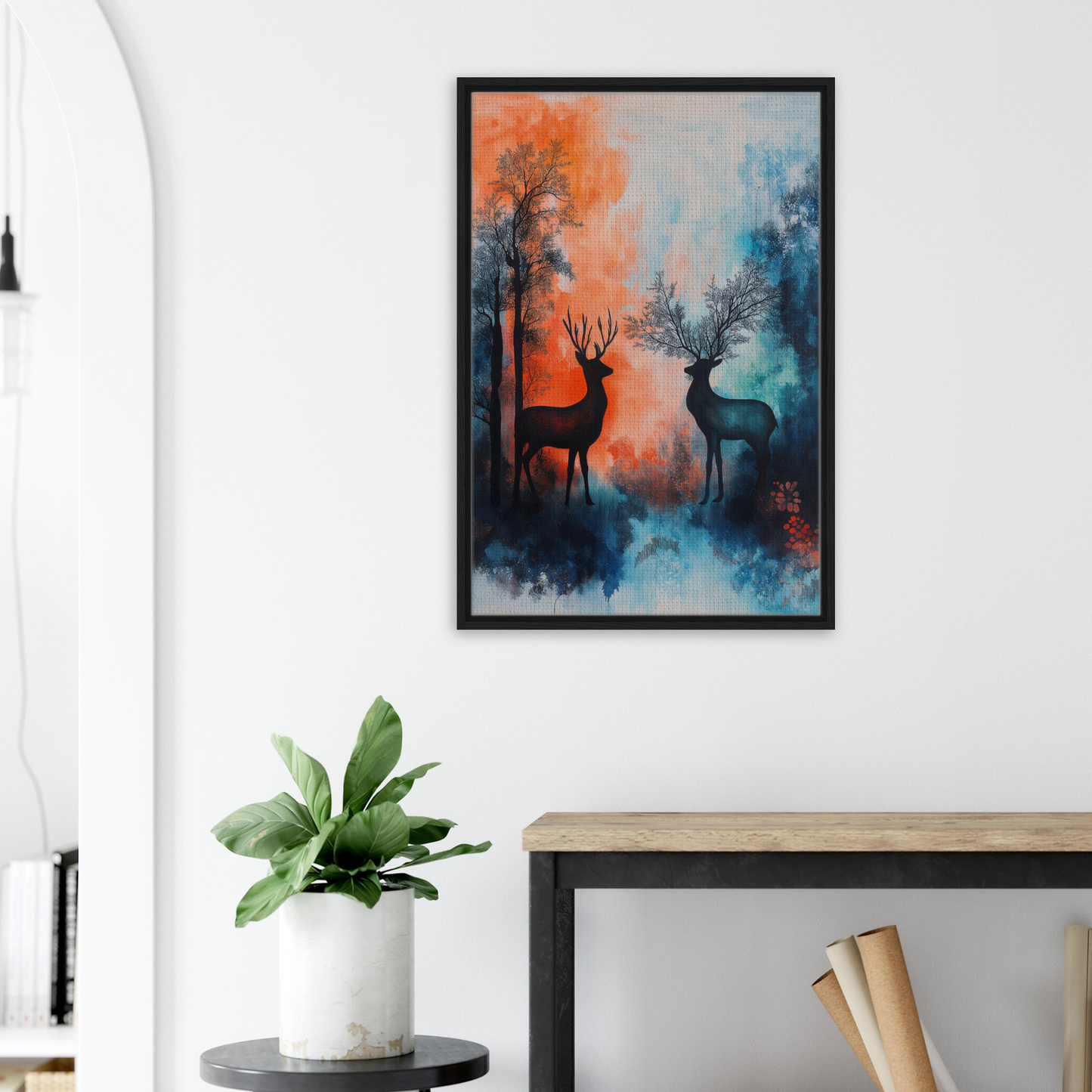 Framed wall art of deer silhouettes in colorful misty forest, Stag Symphony design