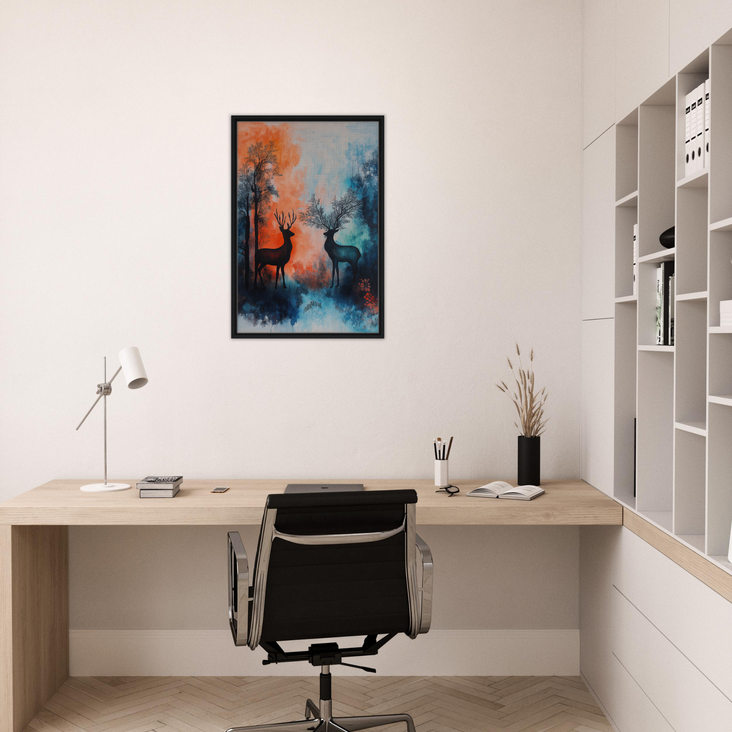 Framed wall art titled Stag Symphony showcasing deer silhouettes in a vibrant forest