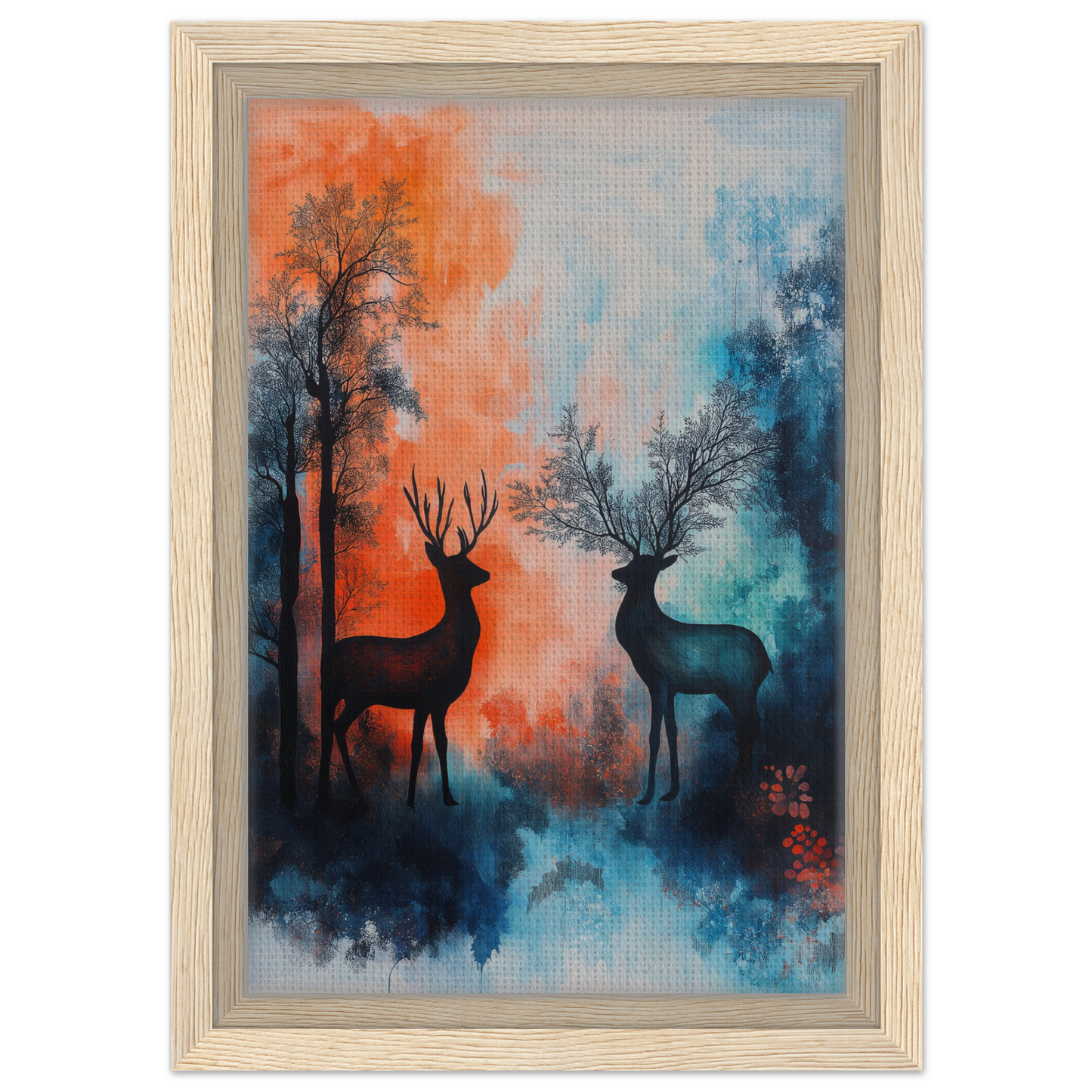 Framed canvas print of Stag Symphony featuring deer silhouettes in colorful forest
