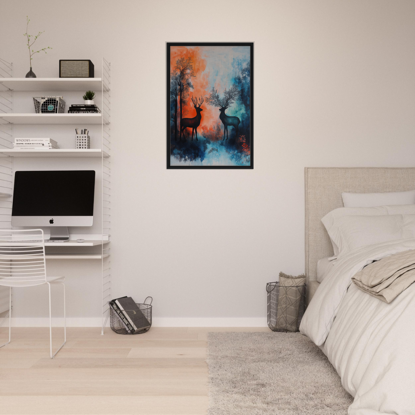 Colorful abstract painting of a deer in a forest, Stag Symphony framed wall art