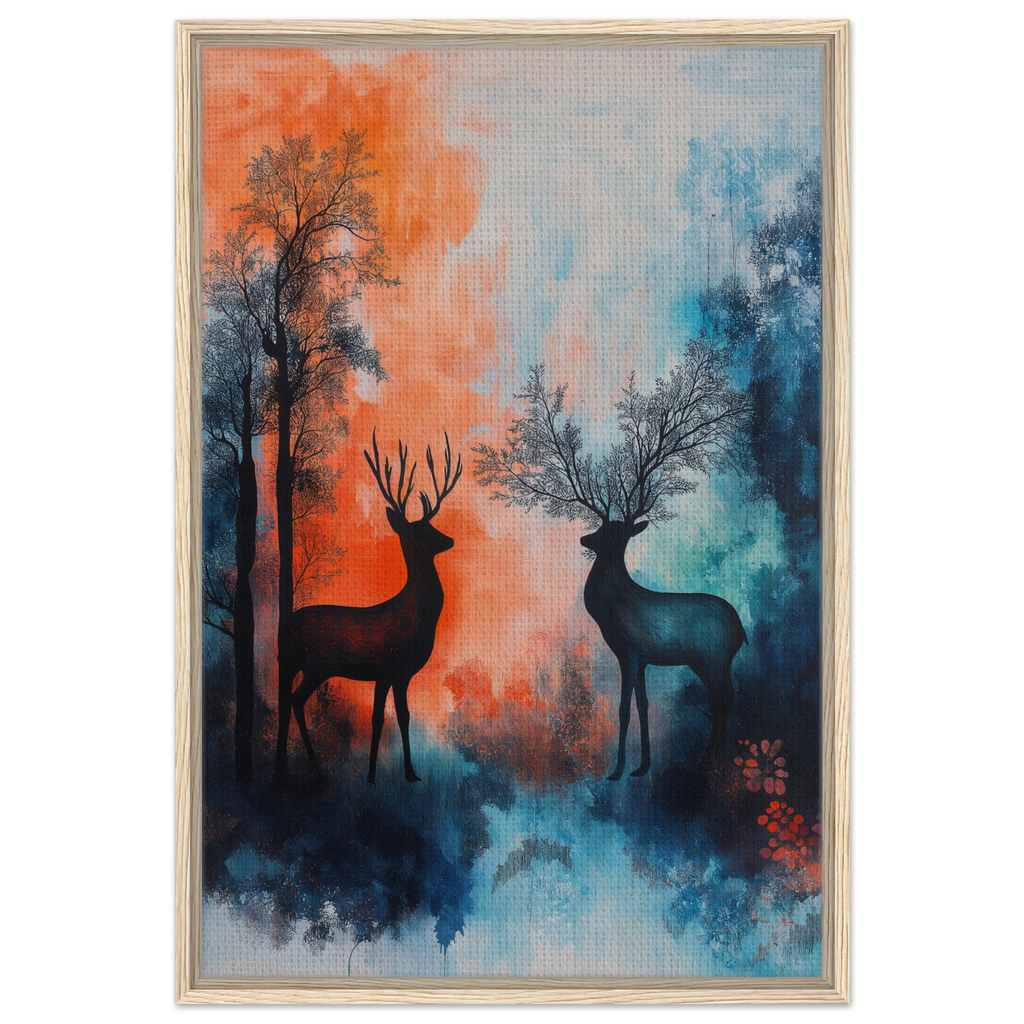 Framed wall art featuring stag symphony with deer silhouettes in a colorful forest