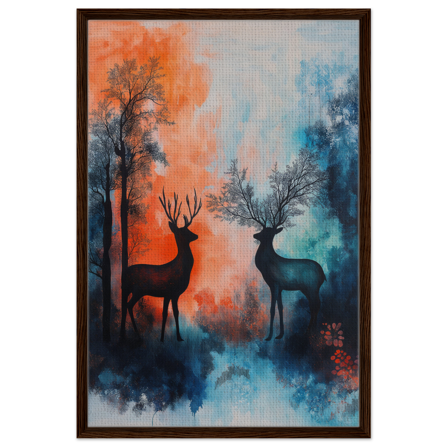 Framed canvas print of stag symphony with deer silhouettes in colorful forest setting