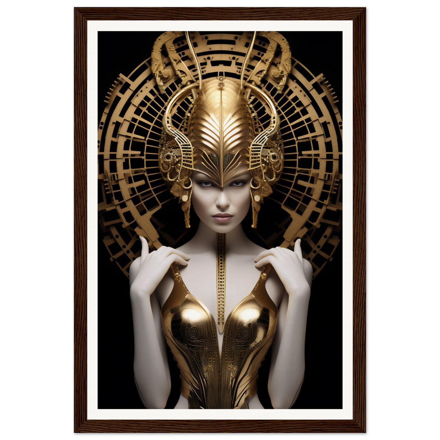 Ornate golden headdress and bodice adorning a pale figure with an enigmatic expression.