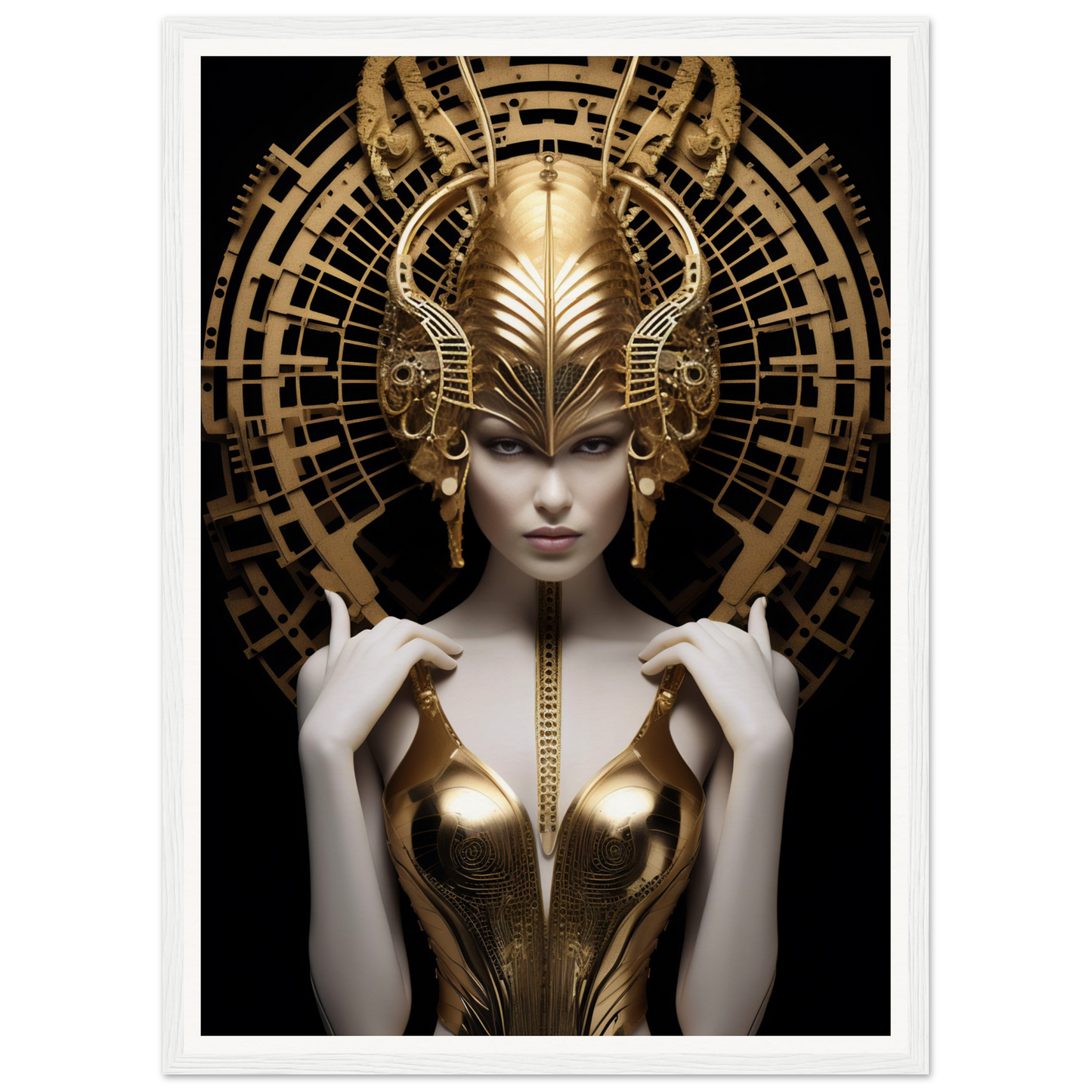 Ornately adorned figure in gold and white with an elaborate headdress and metallic bodice.