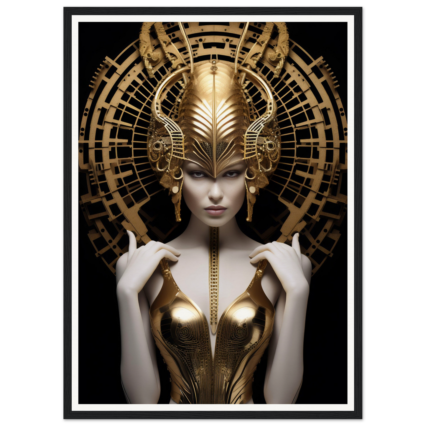 Ornately adorned figure with an elaborate golden headdress and metallic bodice.