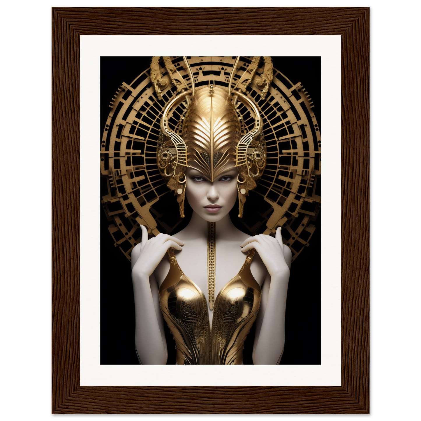 Ornate golden headdress and armor adorning a pale figure with an enigmatic expression.