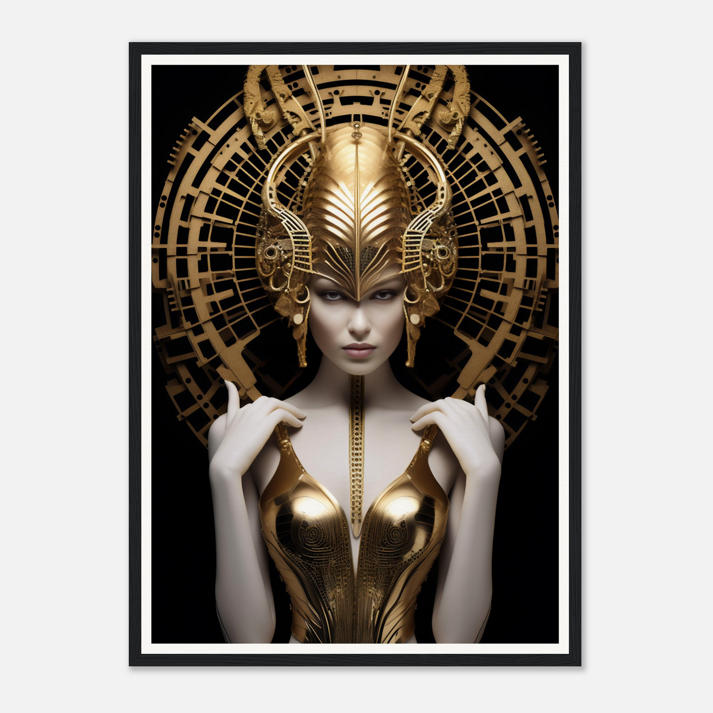 Futuristic golden-adorned figure with an elaborate headdress and metallic bodice.