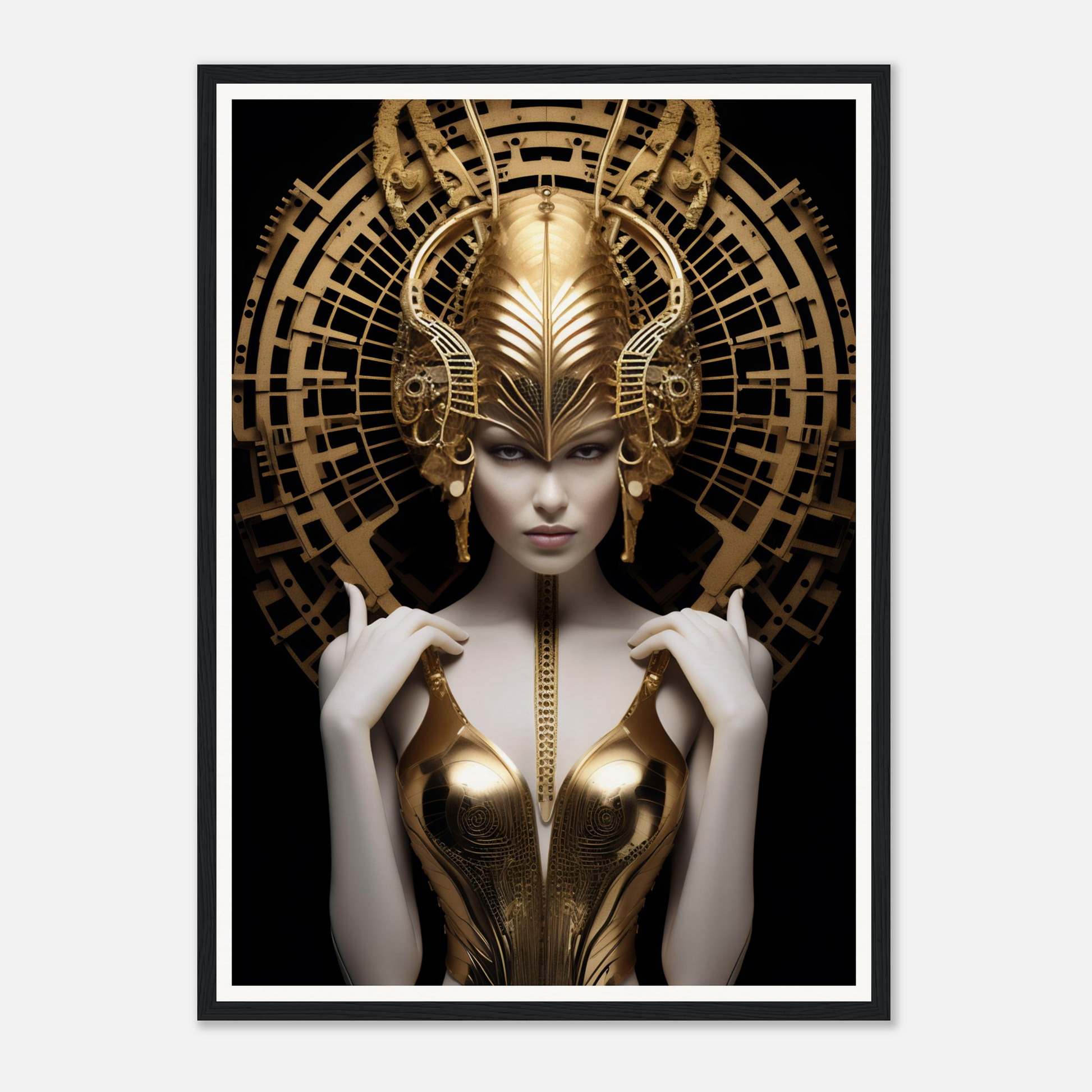Futuristic golden-adorned figure with an elaborate headdress and metallic bodice.