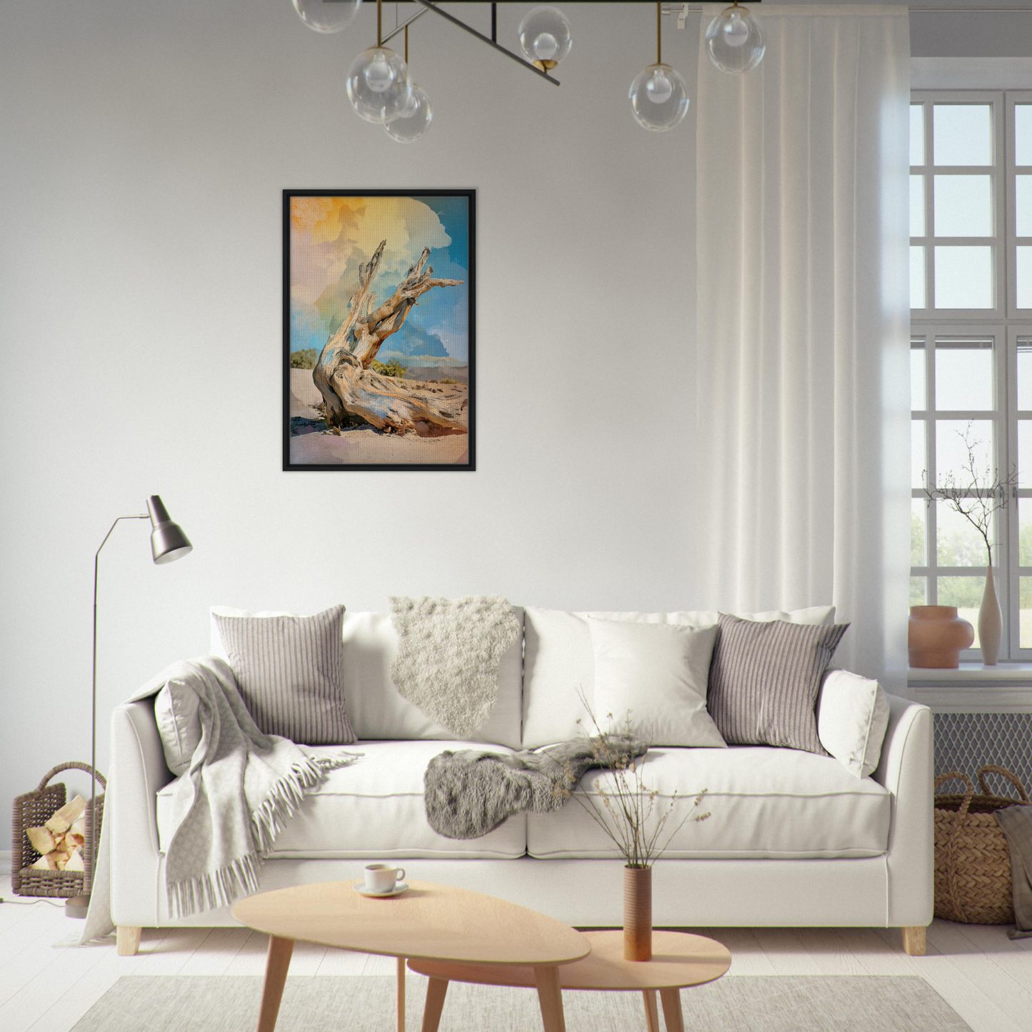 White sofa adorned with throw pillows and blankets next to Stump Soliloquy 彩♪ framed art