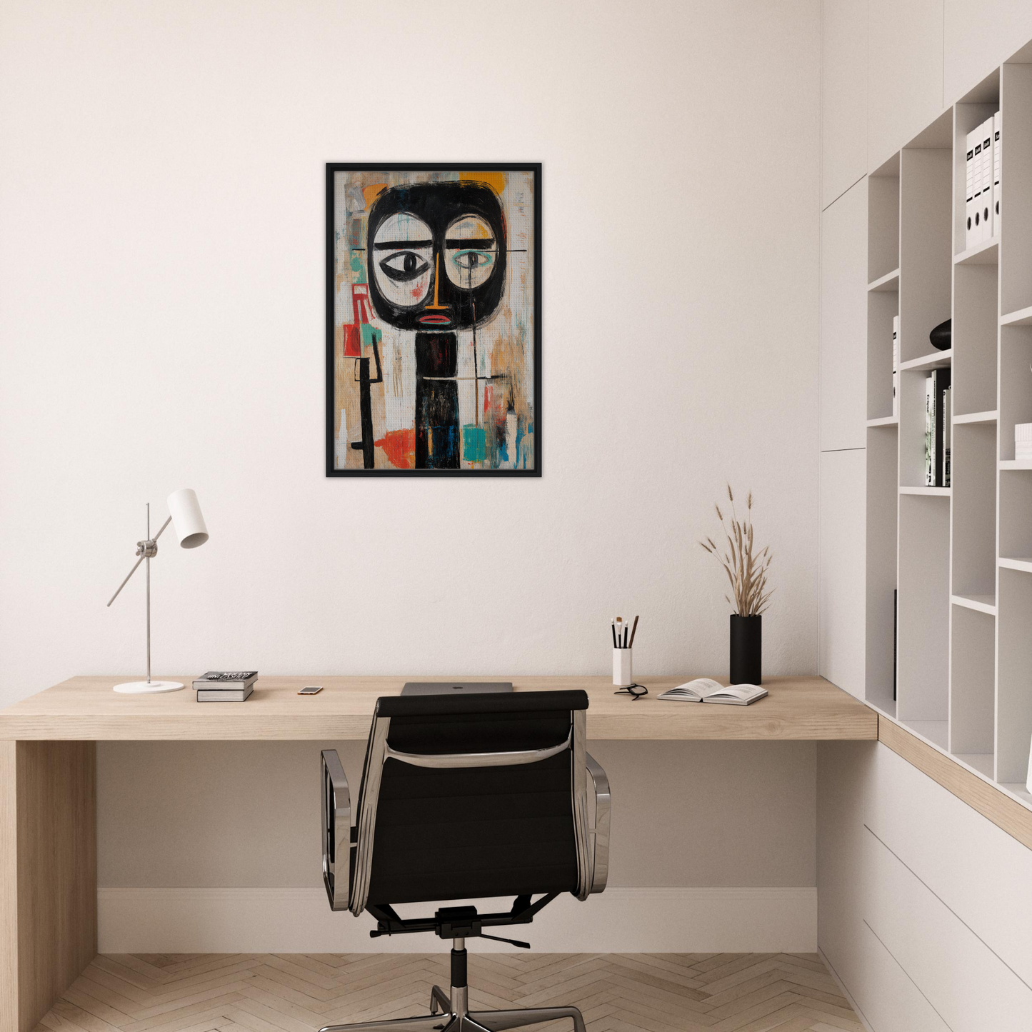 Modern home office showcasing a minimalist desk and Subconscious Expression Voyage artwork